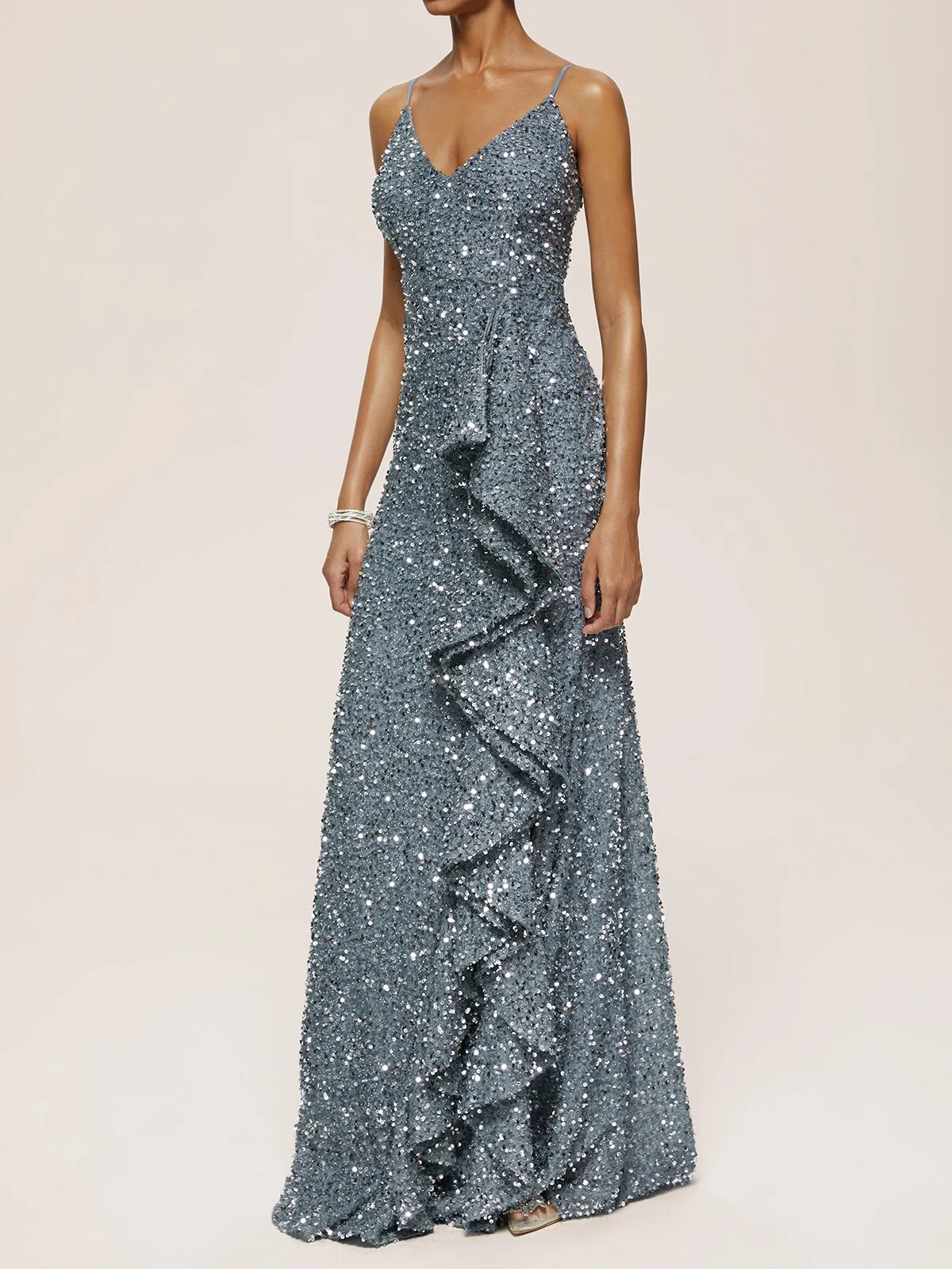 Silver Sequin Ruffled Spaghetti Sleeveless A-Line Gown