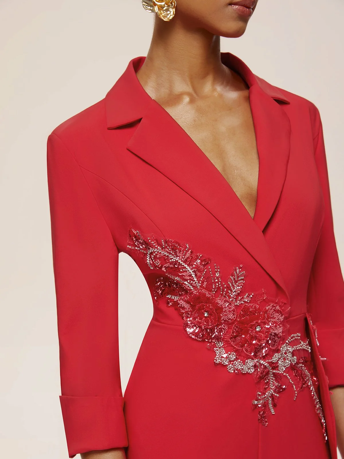 Red Applique Floral Lapel Collar Blazer Jumpsuit