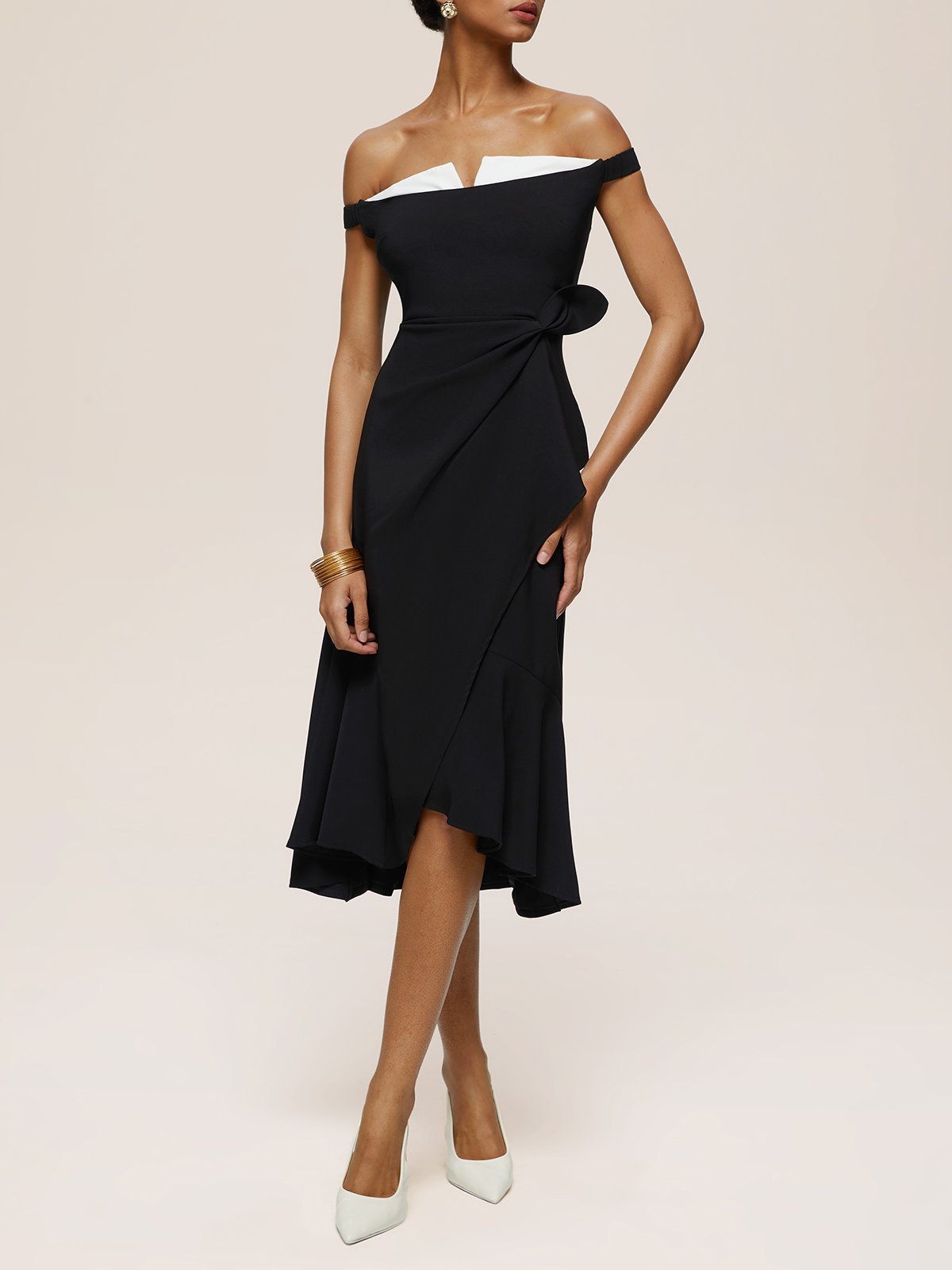 Black Off The Shoulder Sleeveless A-Line Midi Dressss