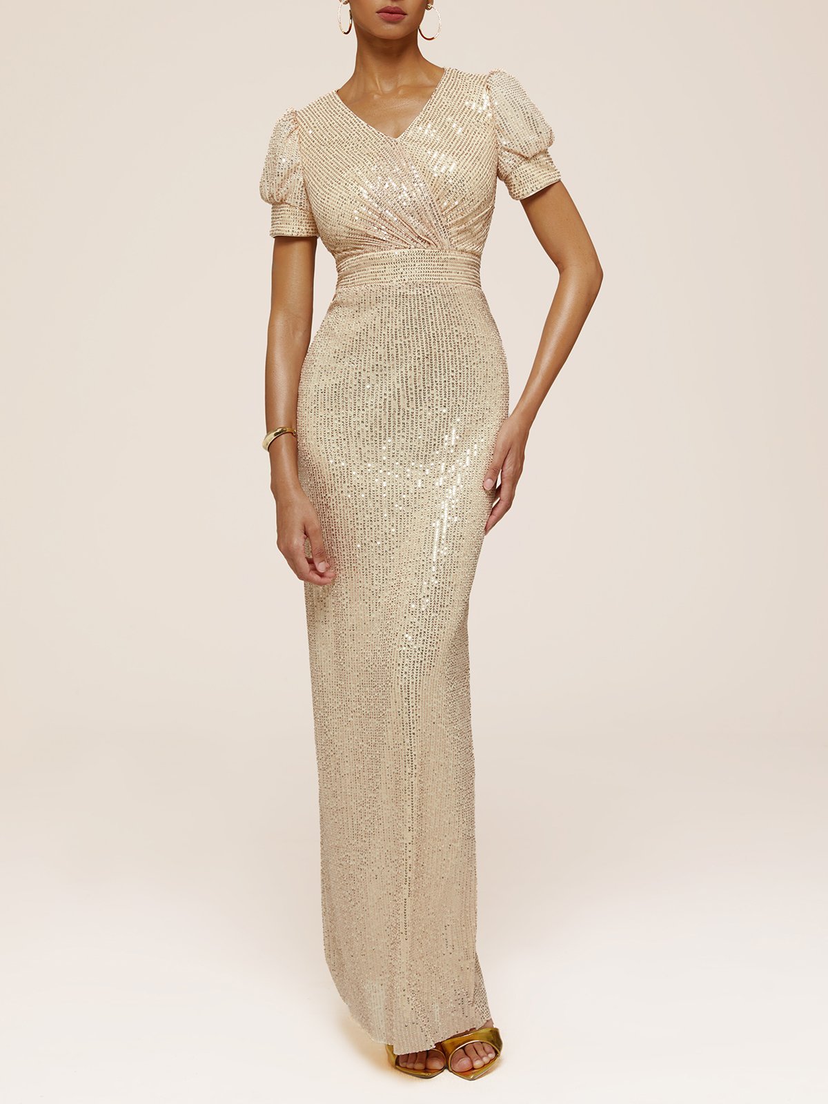 Golden Sequin V Neck Short Sleeve Sheath Gown