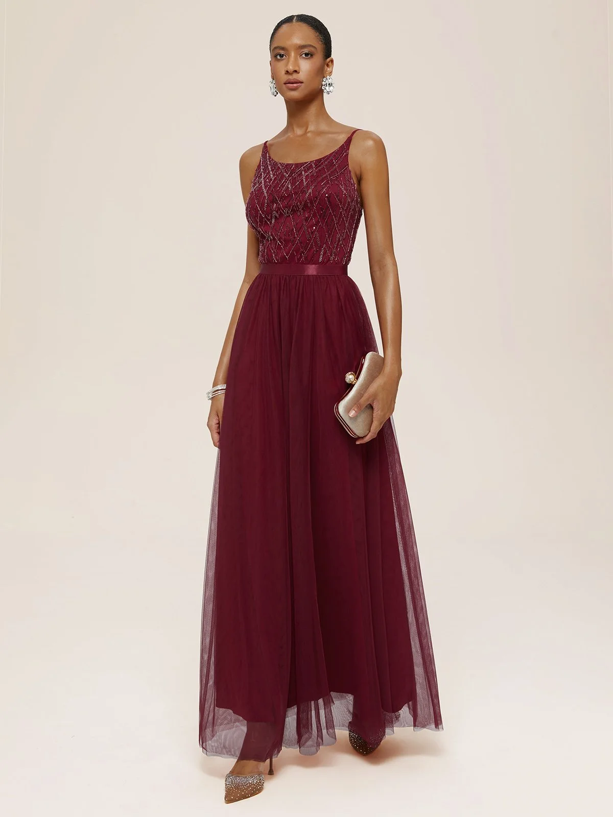 Red Spaghetti Gallus Sequin Chiffon A-Line Maxi Dress