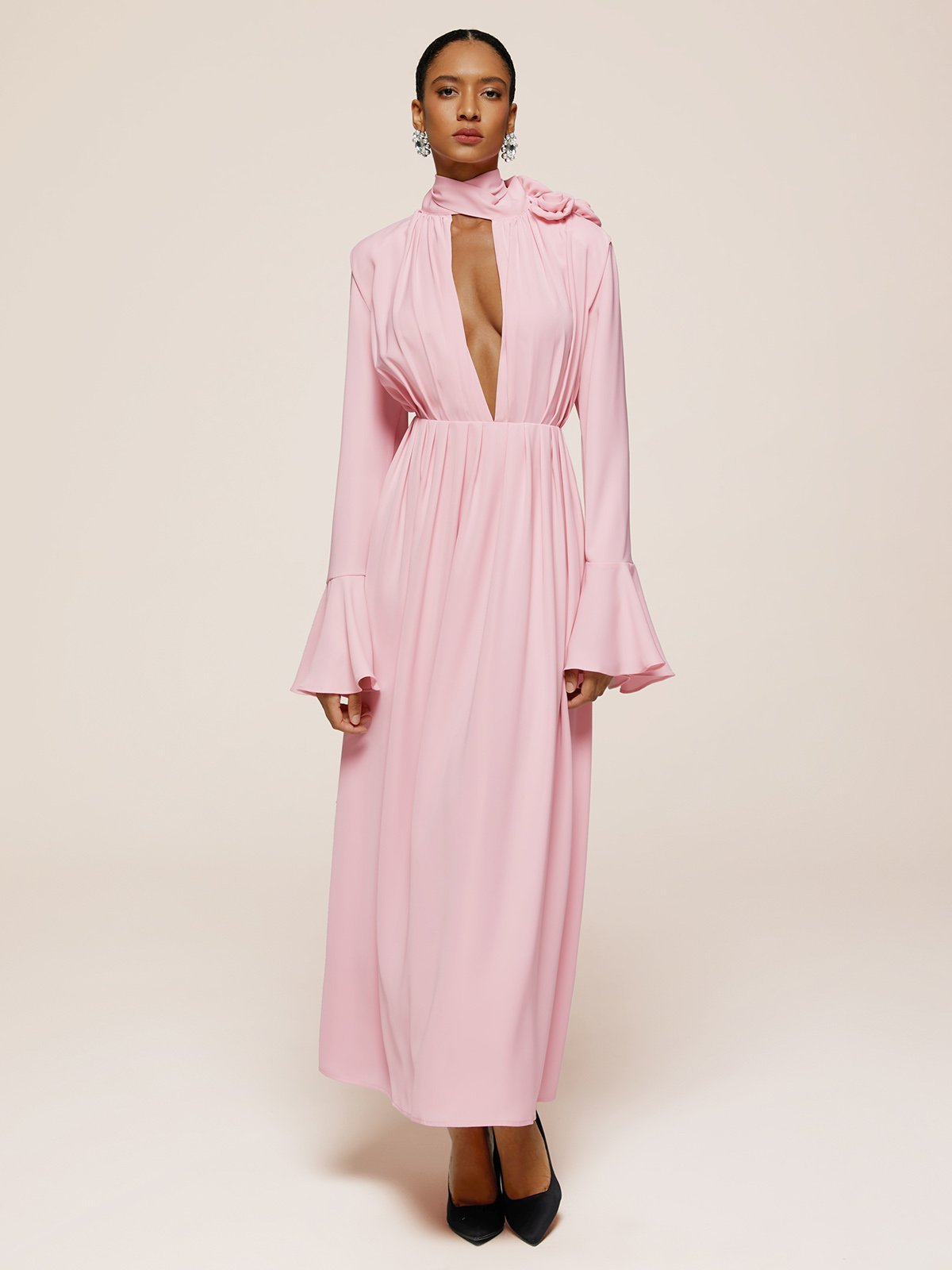 Pink 3D Floral Deep V Neck Long Bell Sleeve Slit A-Line Maxi Dress