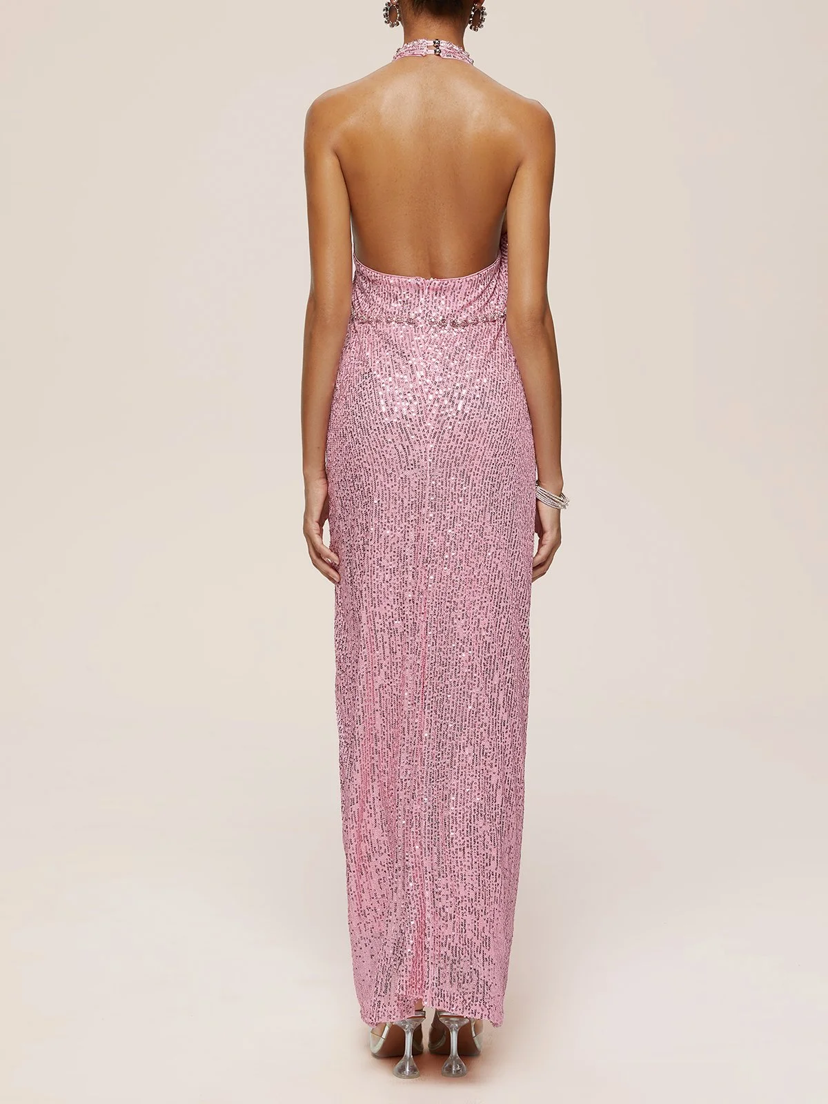 Pink Sequin Rhinestone Halter Sleeveless Sheath Maxi Dress