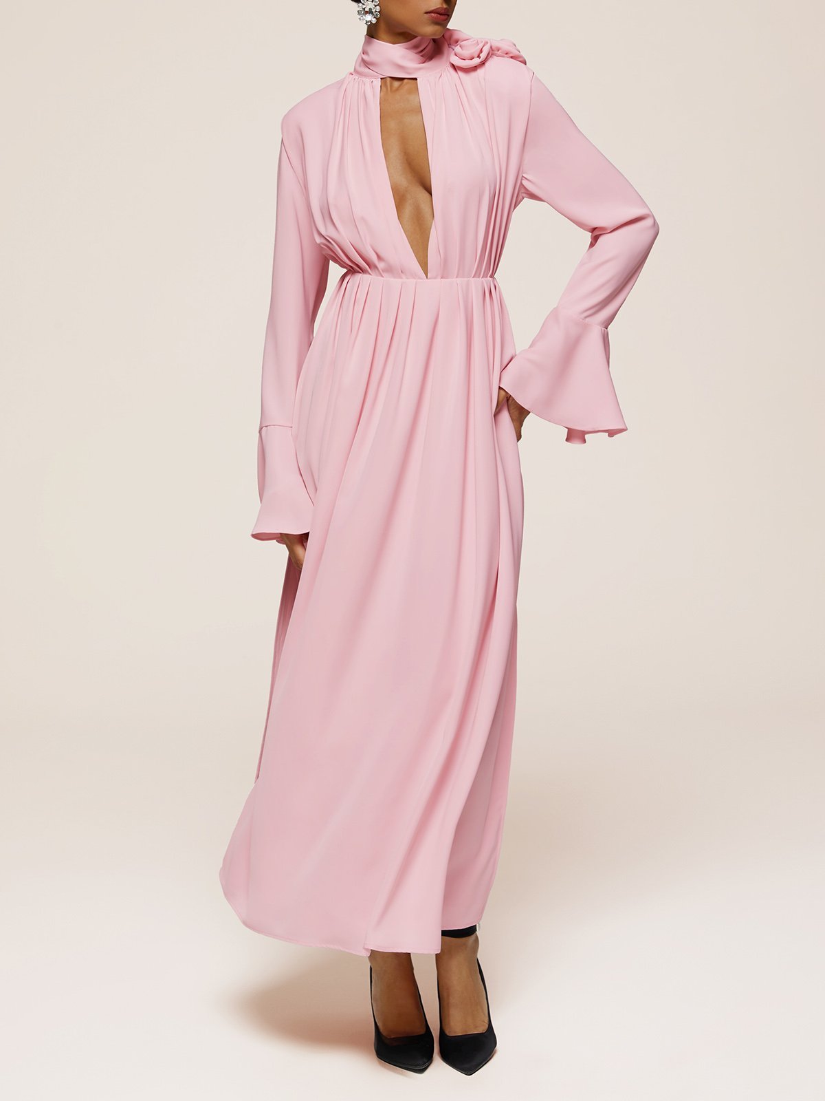 Pink 3D Floral Deep V Neck Long Bell Sleeve Slit A-Line Maxi Dress