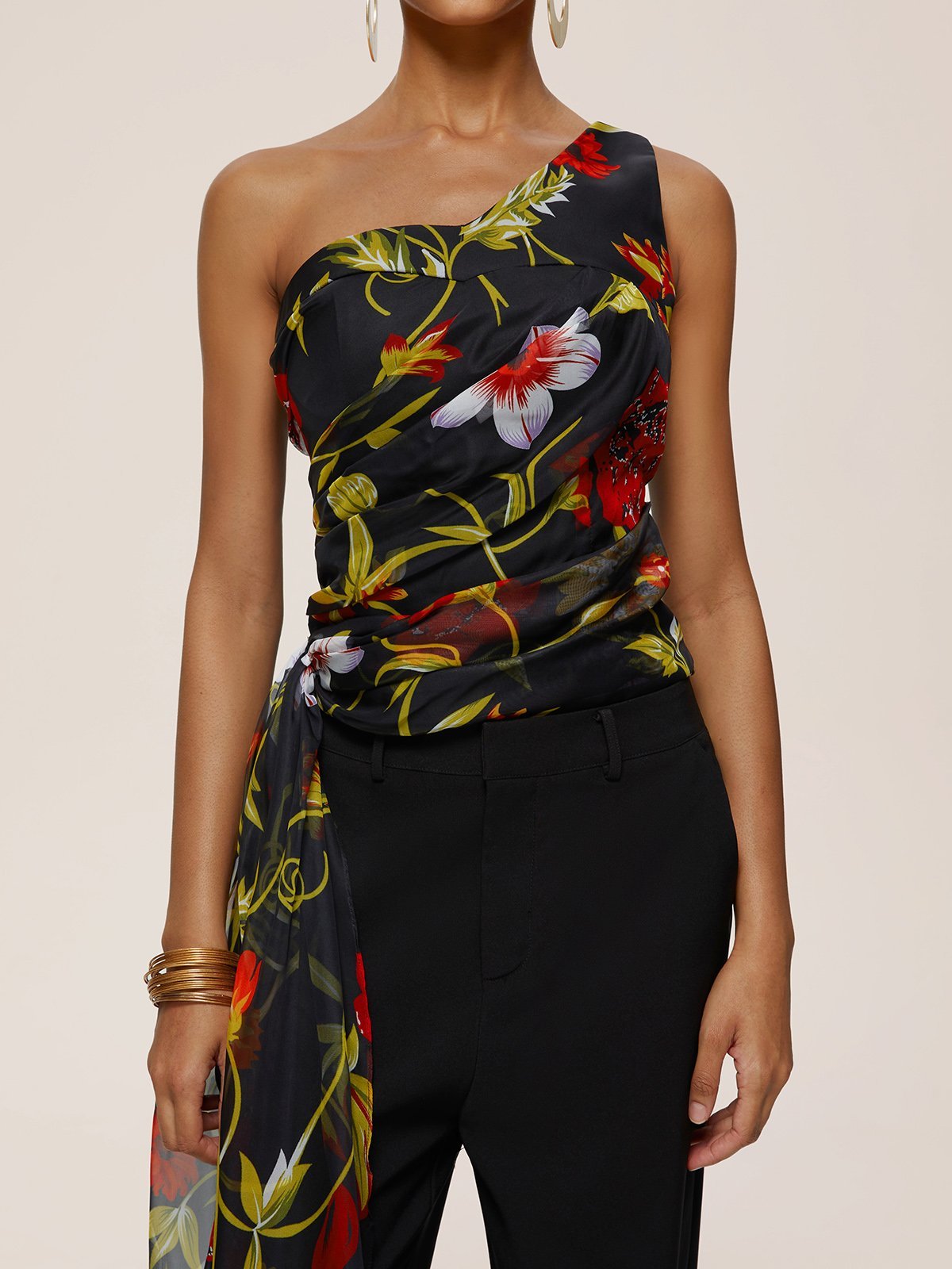 Women Black Floral One-Shoulder Chiffon Two-Piece Set