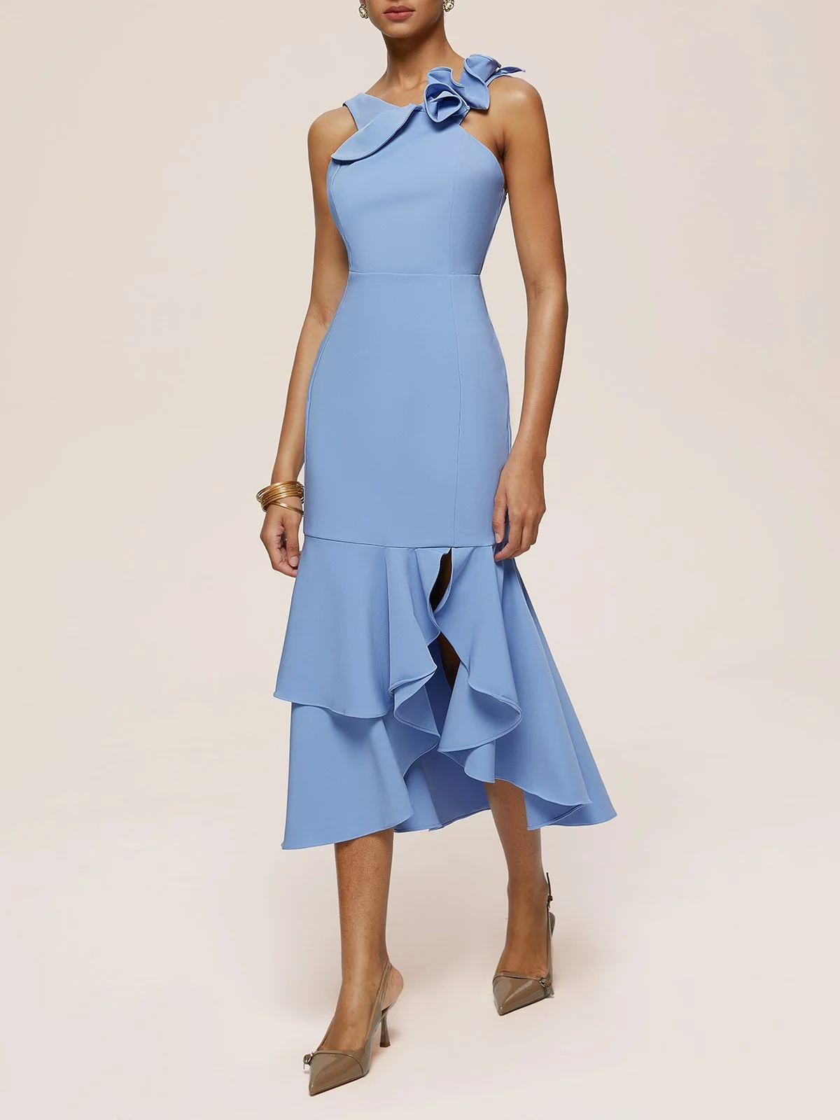 Blue Ruched Sleeveless Ruffled Sheath Midi Dress