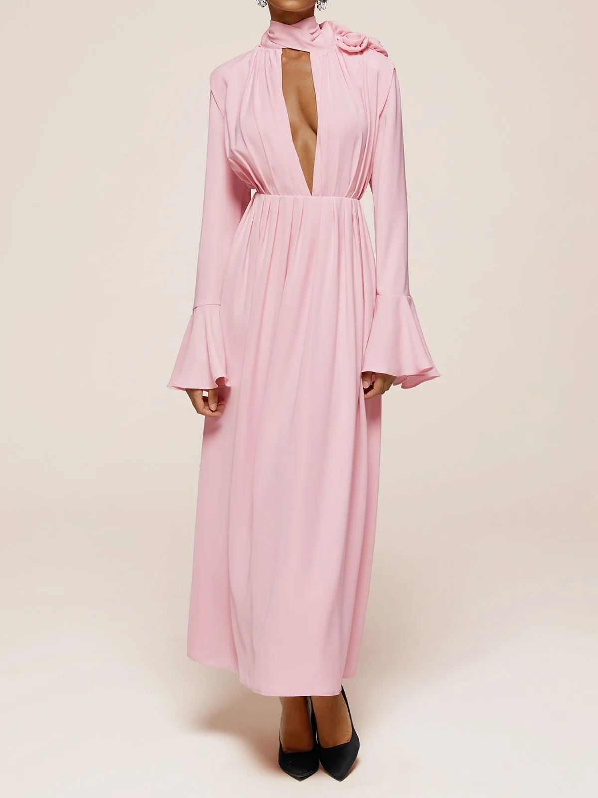 Pink 3D Floral Deep V Neck Long Bell Sleeve Slit A-Line Maxi Dress