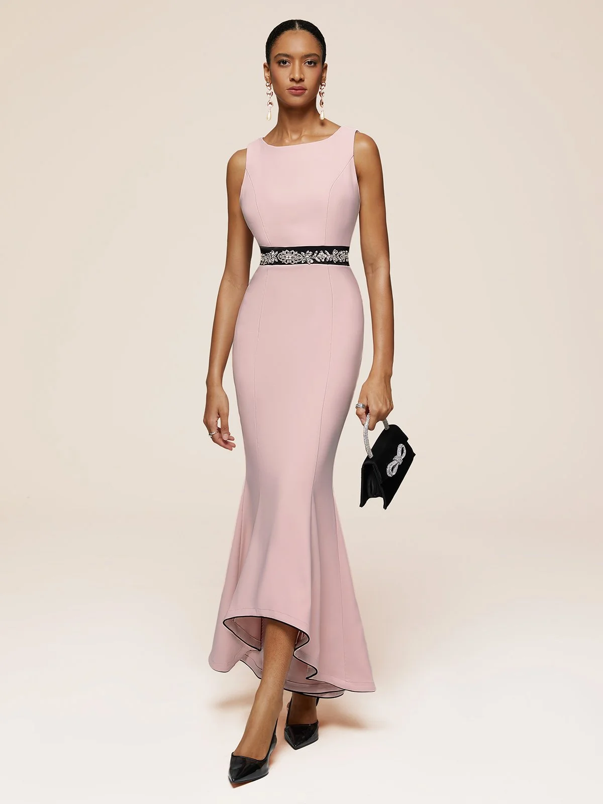 Pink Sleeveless Rhinestones Mermaid Midi Dress