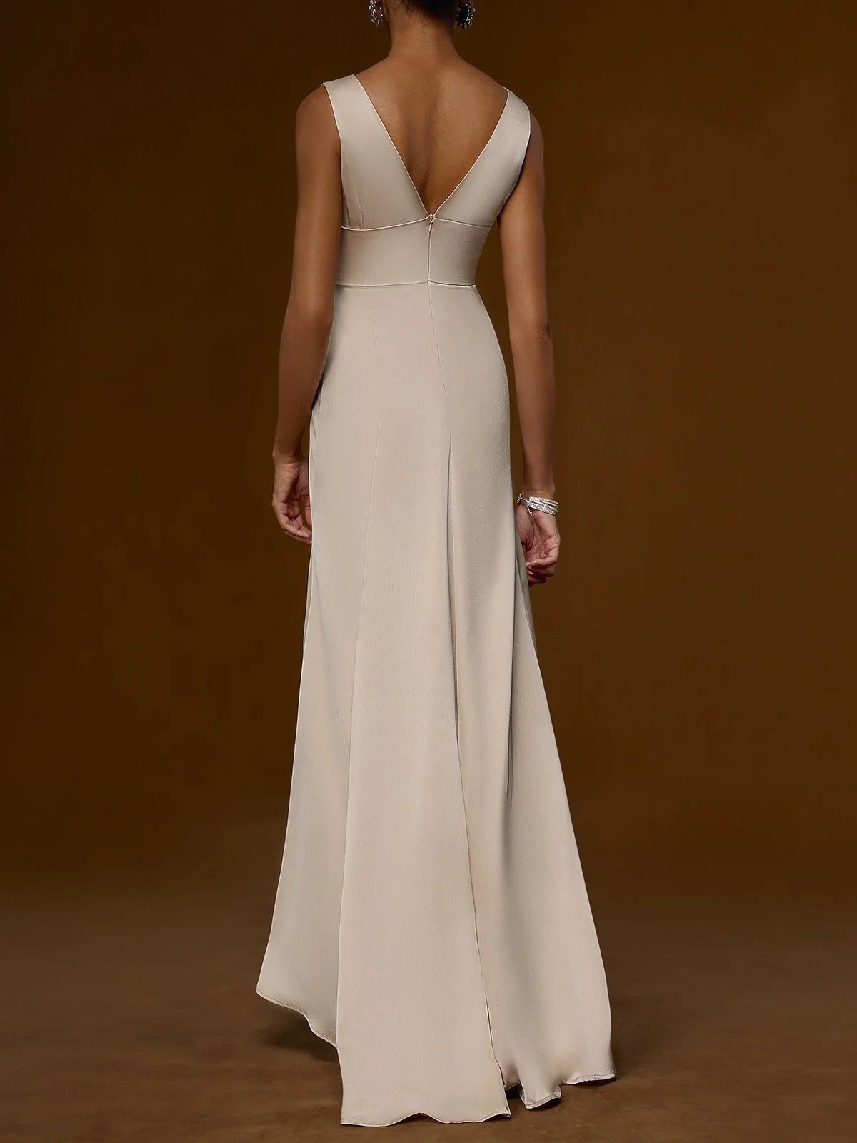 Apricot V Neck Sleeveless Slit Sheath Gown