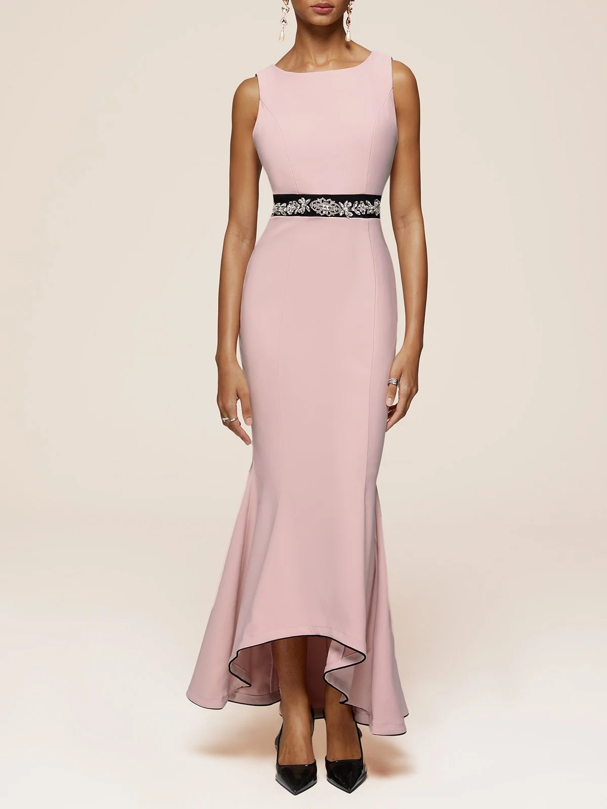 Pink Sleeveless Rhinestones Mermaid Midi Dress