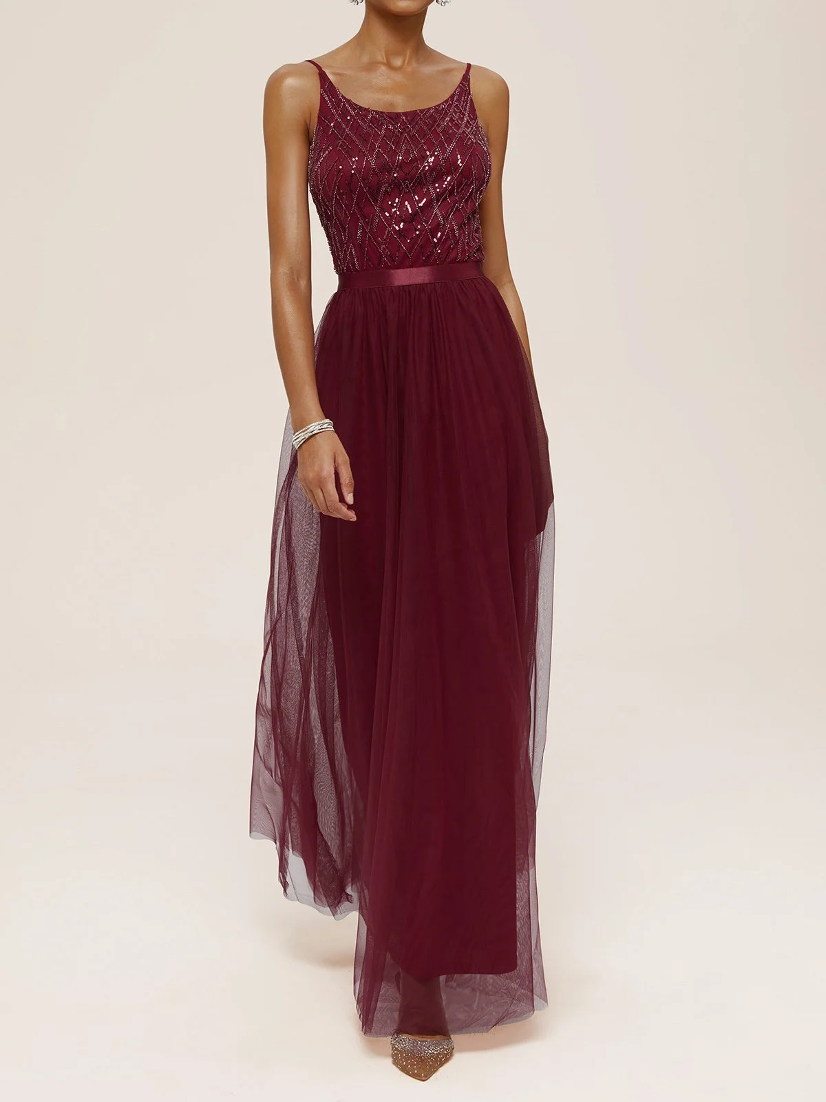 Red Spaghetti Gallus Sequin Chiffon A-Line Maxi Dress