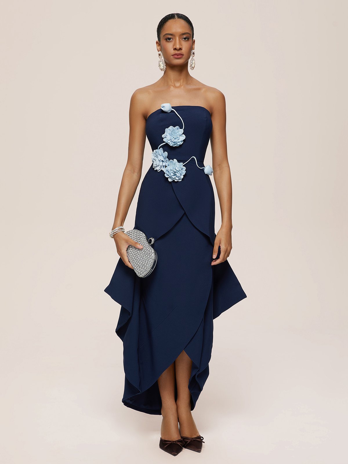 Blue 3D Floral Applique Strapless Cocoon Sheath Midi Dress