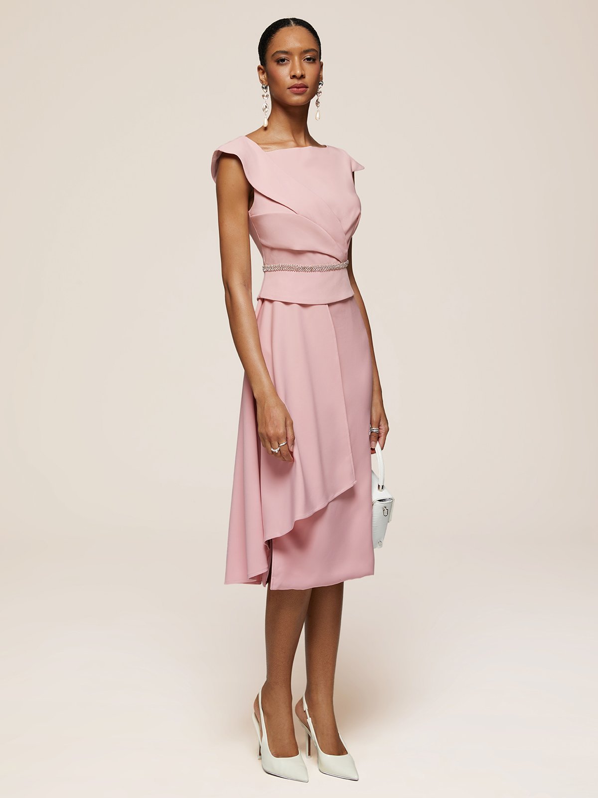 Pink Asymmetrical Neck Cap Sleeve Rhinestone A-Line Midi Dress