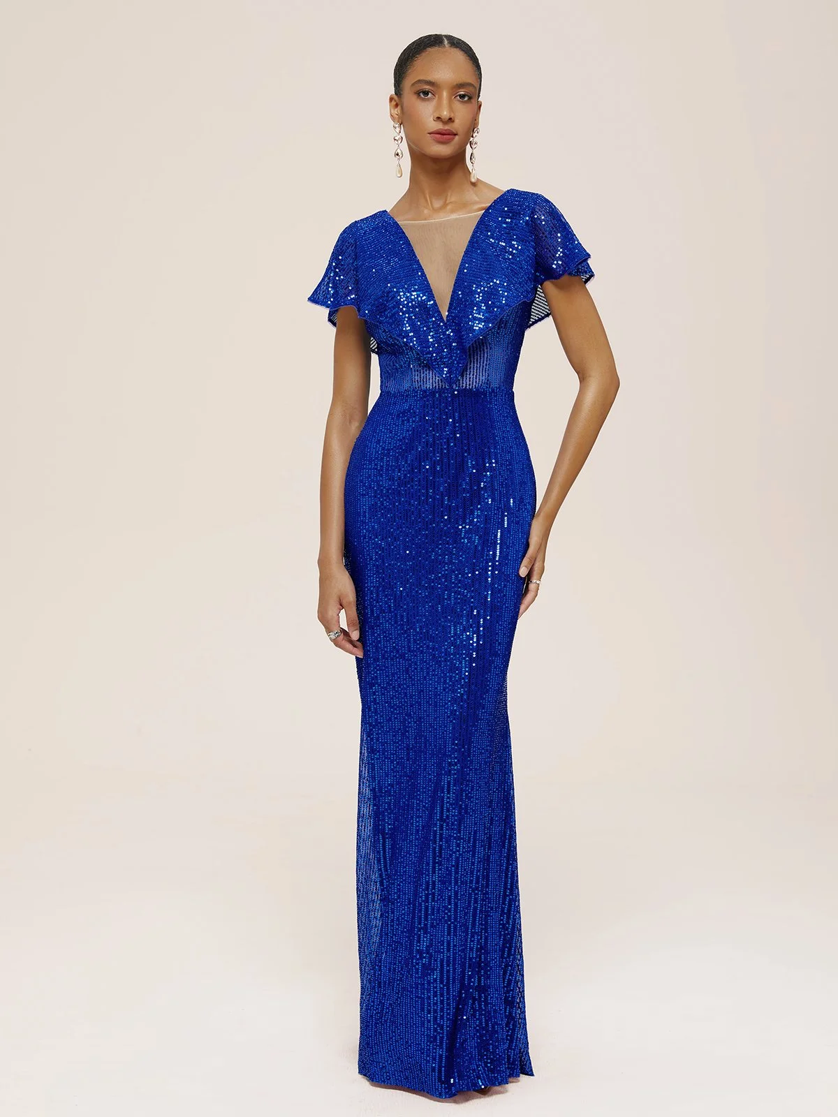 Blue Sequin V Neck Short Sleeve Glitter Sheath  Maxi Dress