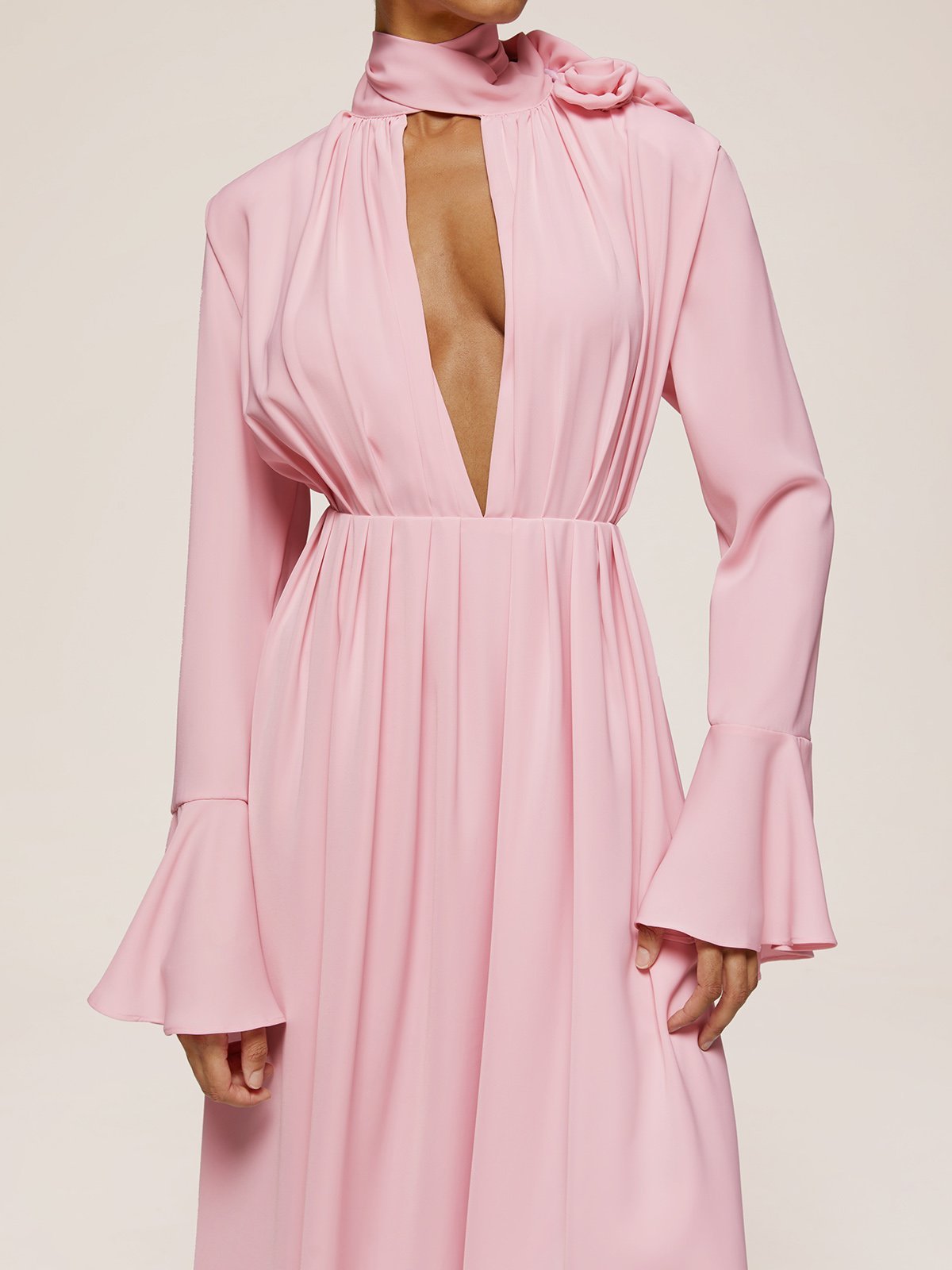 Pink 3D Floral Deep V Neck Long Bell Sleeve Slit A-Line Maxi Dress