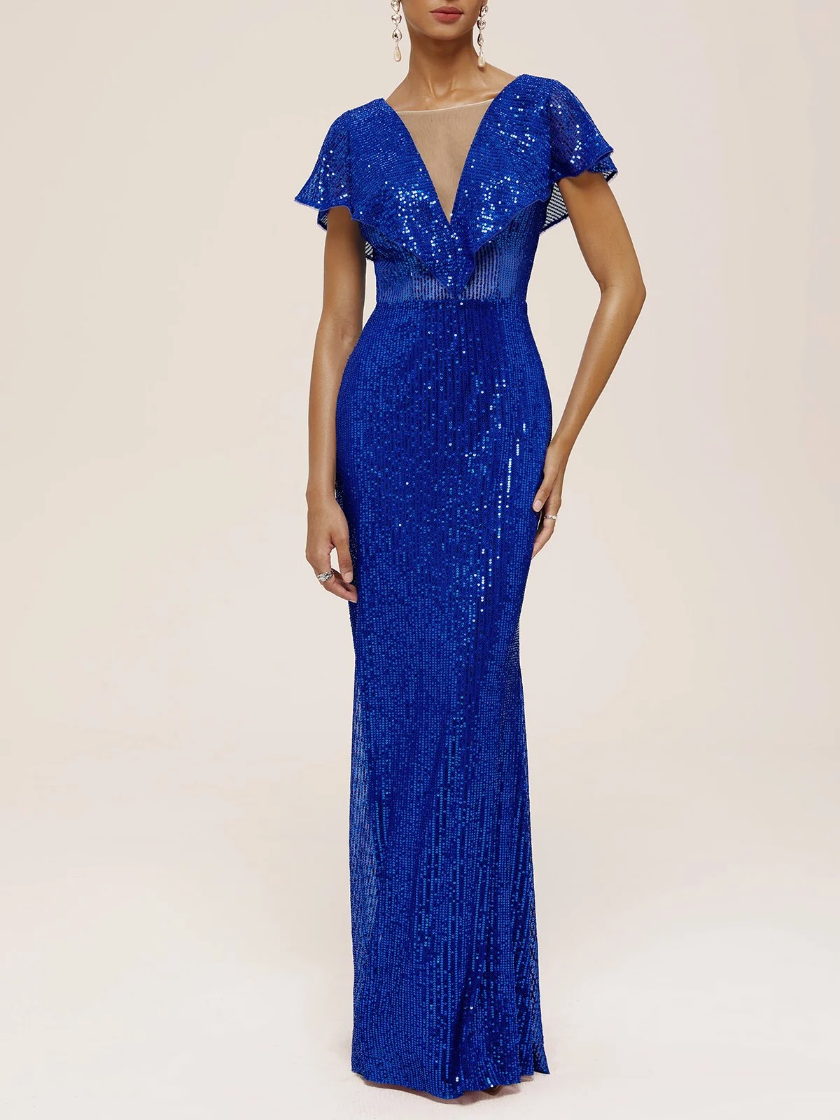 Blue Sequin V Neck Short Sleeve Glitter Sheath  Maxi Dress