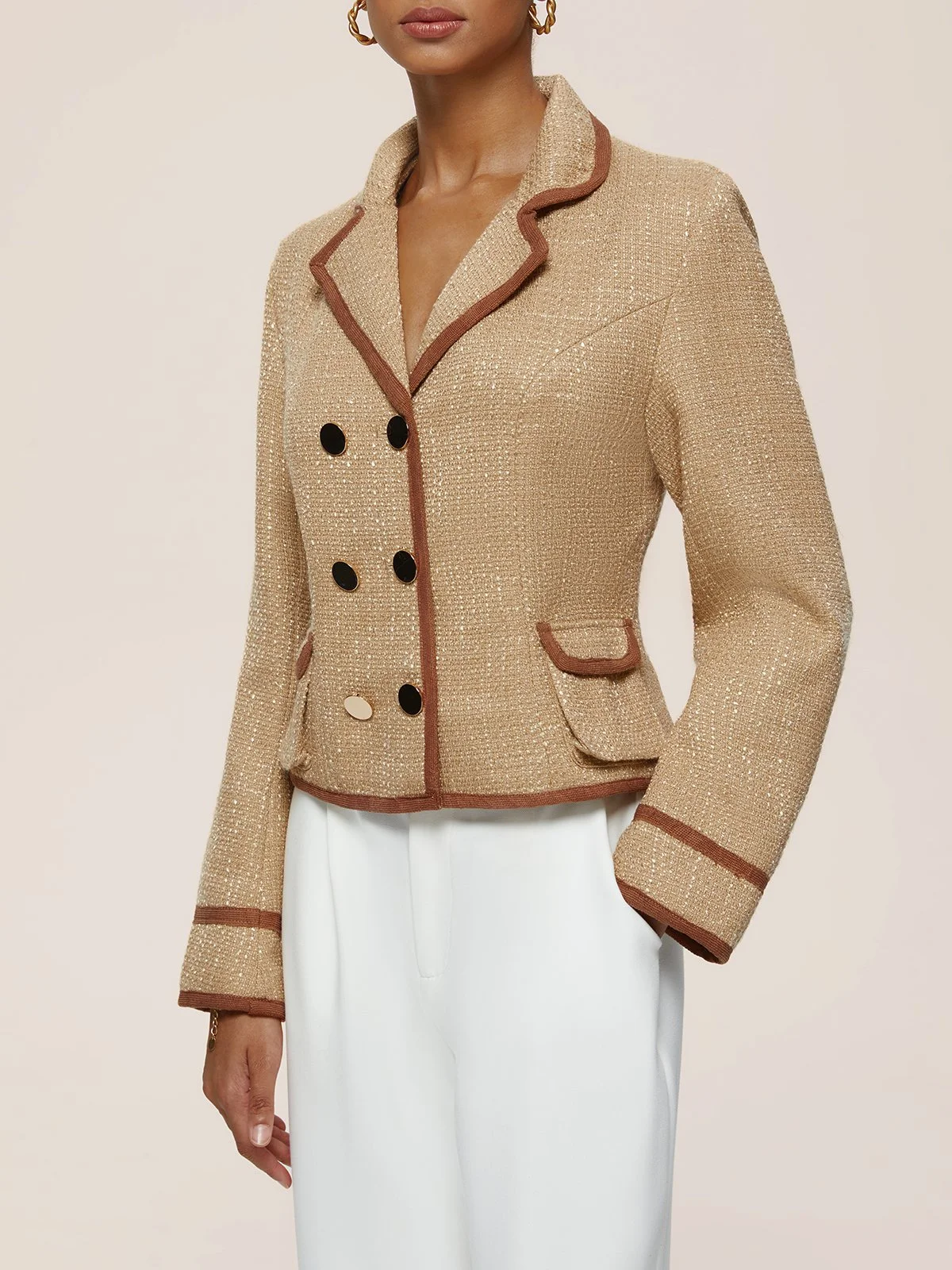 Women Buckle Plain Lapel Collar Tweed Jacket