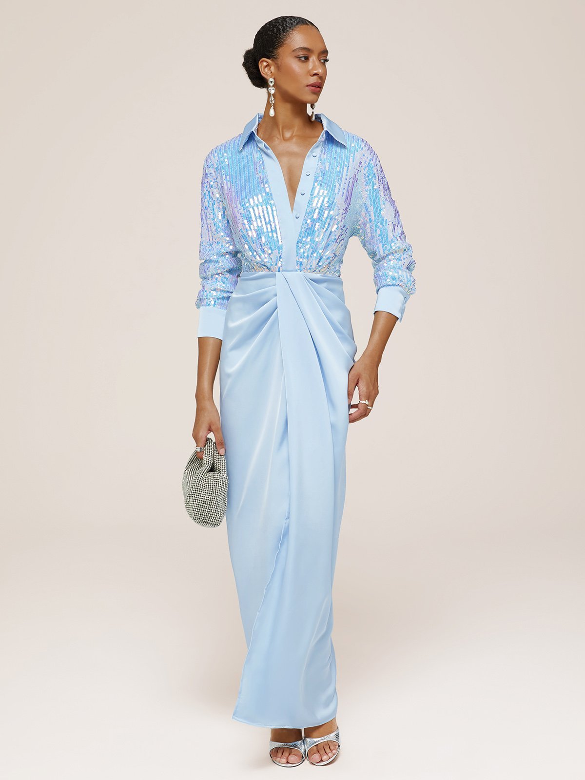 Blue Sequin Collared Long Sleeve Slit Sheath Maxi Dress