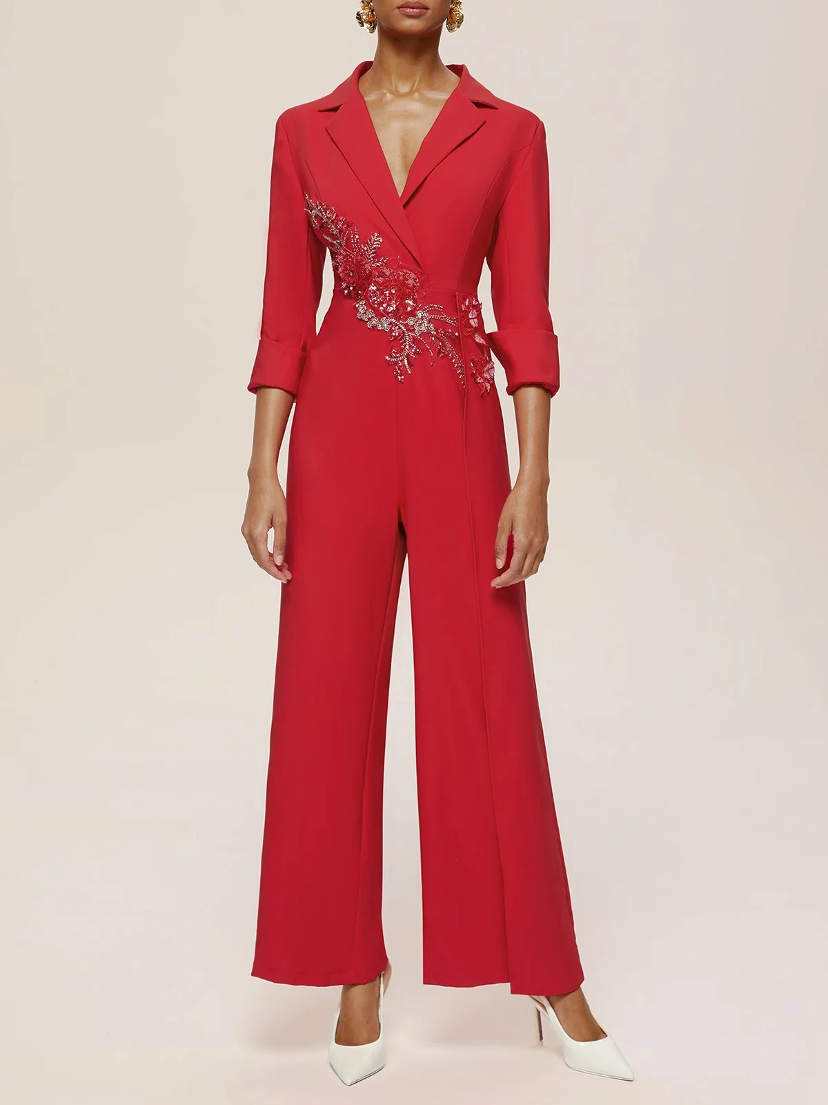 Red Applique Floral Lapel Collar Blazer Jumpsuit