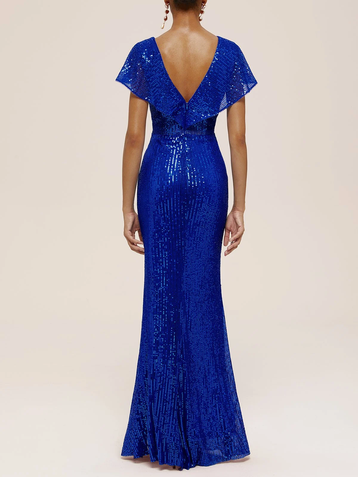 Blue Sequin V Neck Short Sleeve Glitter Sheath  Maxi Dress