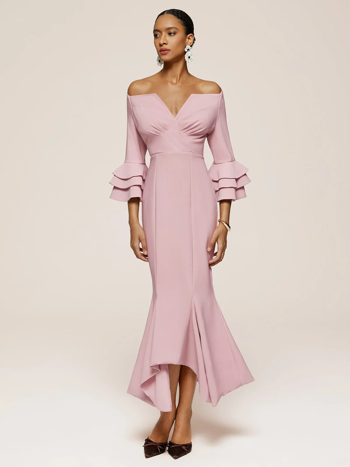 Pink Ruffled Bell Sleeves V Neck Mermaid Maxi Satin Dress