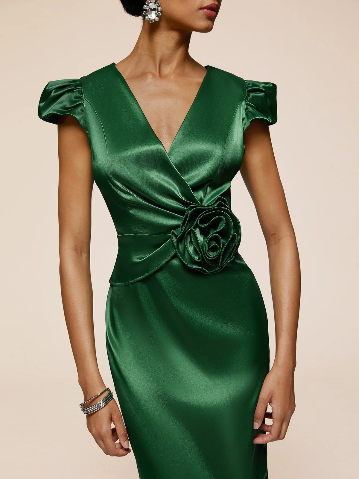 Green Petal Sleeve 3D Floral Satin Sheath Midi Dress