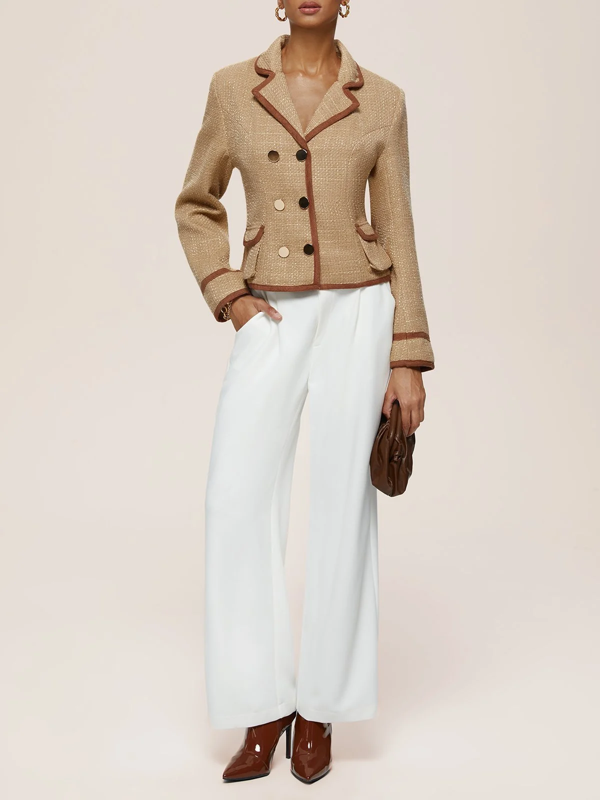 Women Buckle Plain Lapel Collar Tweed Jacket