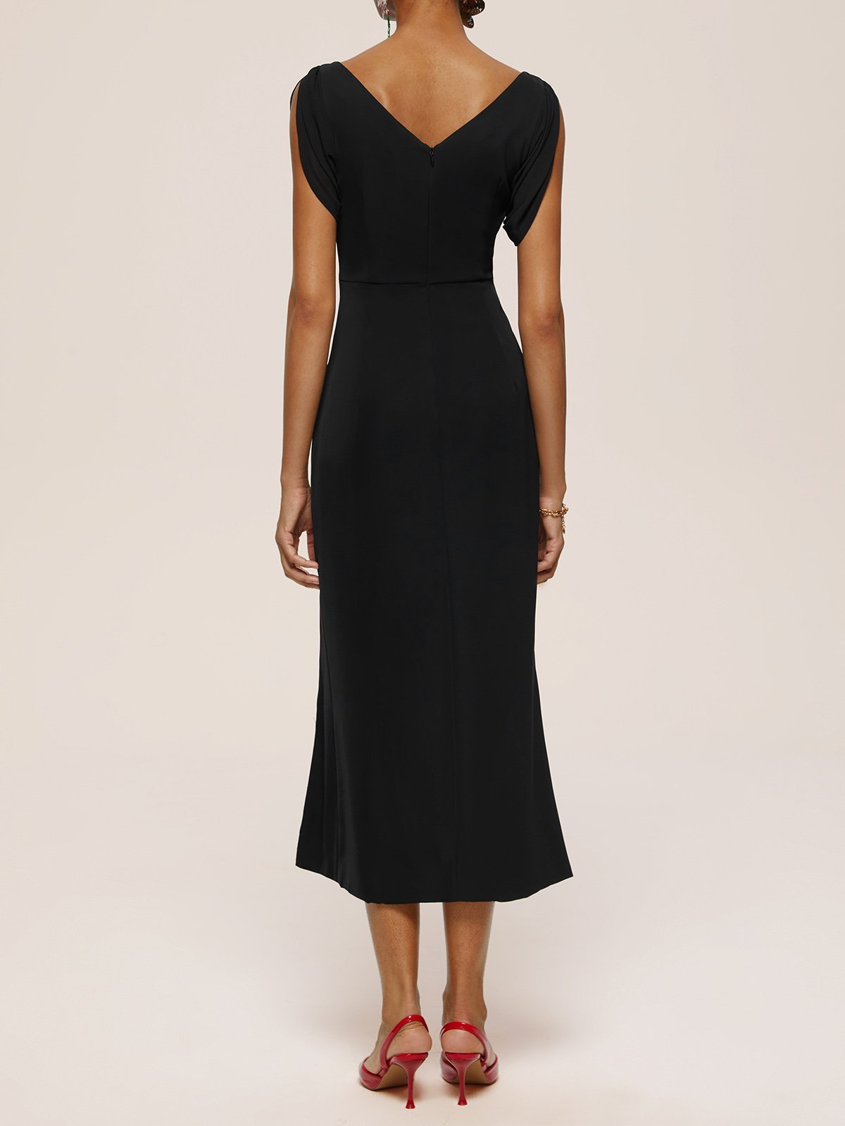 Black Floral Embroideried V Neck Sleeveless Slit Sheath Midi Dress