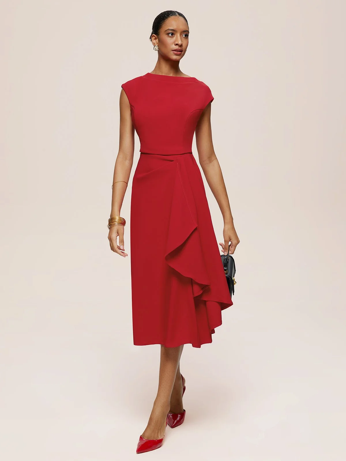 Red Ruched Boat Neck Cap Sleeve A-Line Midi Dress