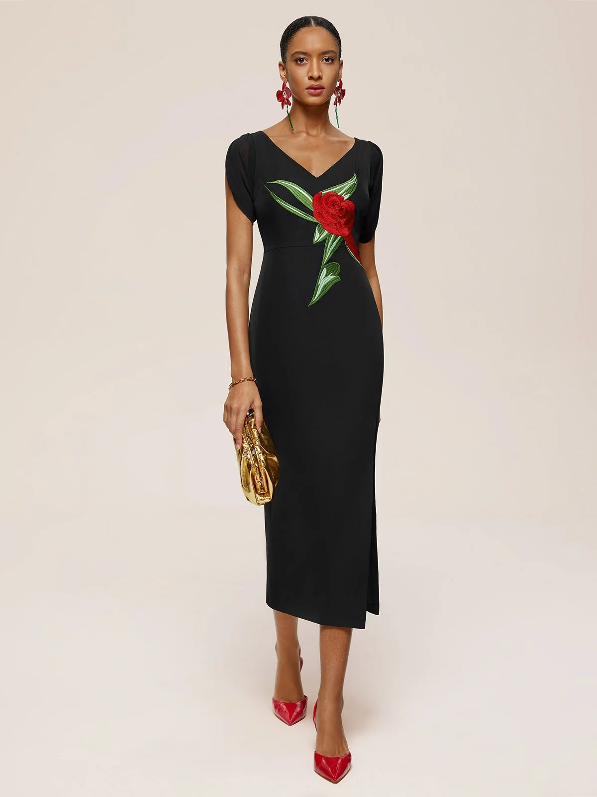 Black Floral Embroideried V Neck Sleeveless Slit Sheath Midi Dress