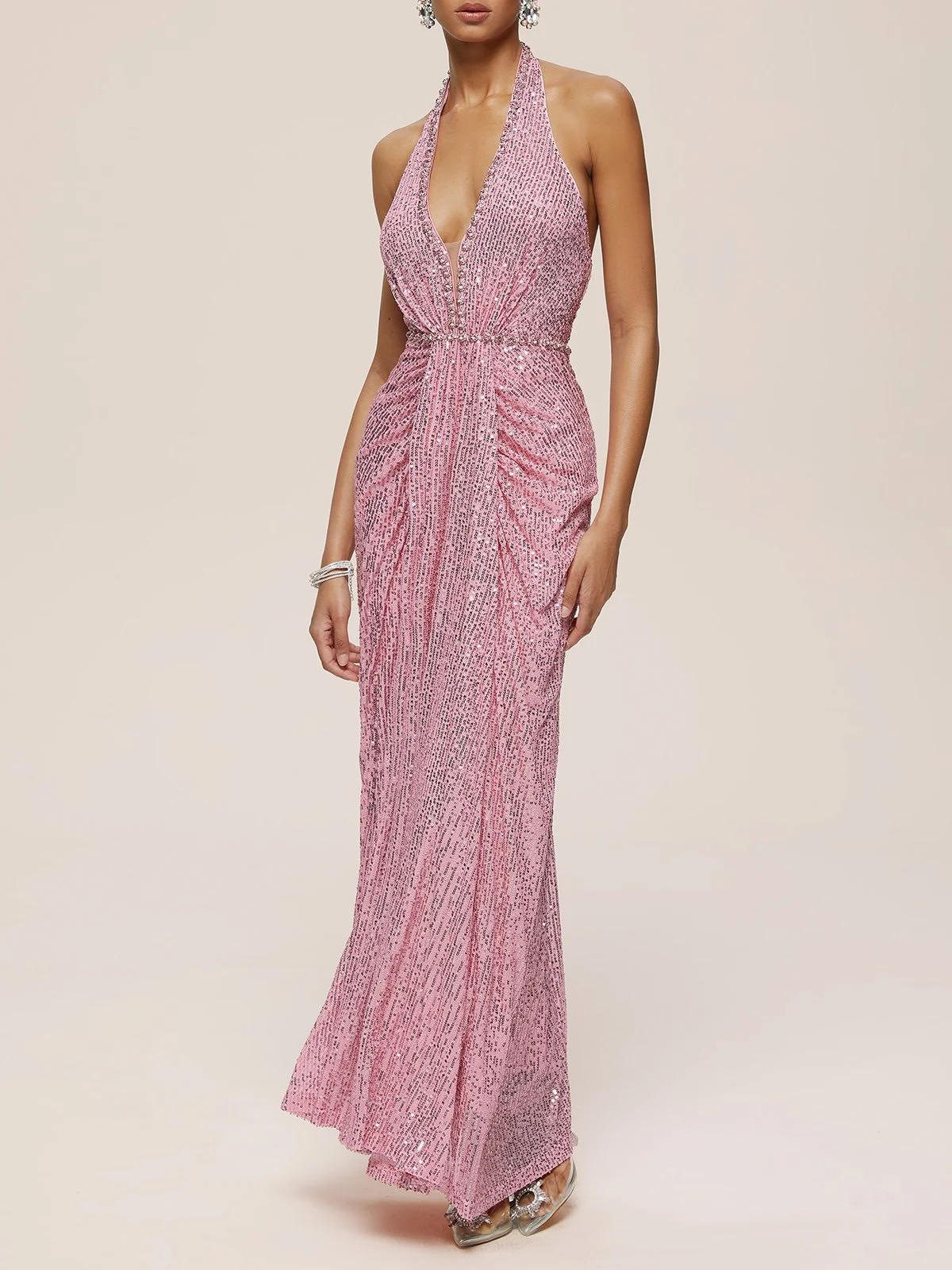 Pink Sequin Rhinestone Halter Sleeveless Sheath Maxi Dress