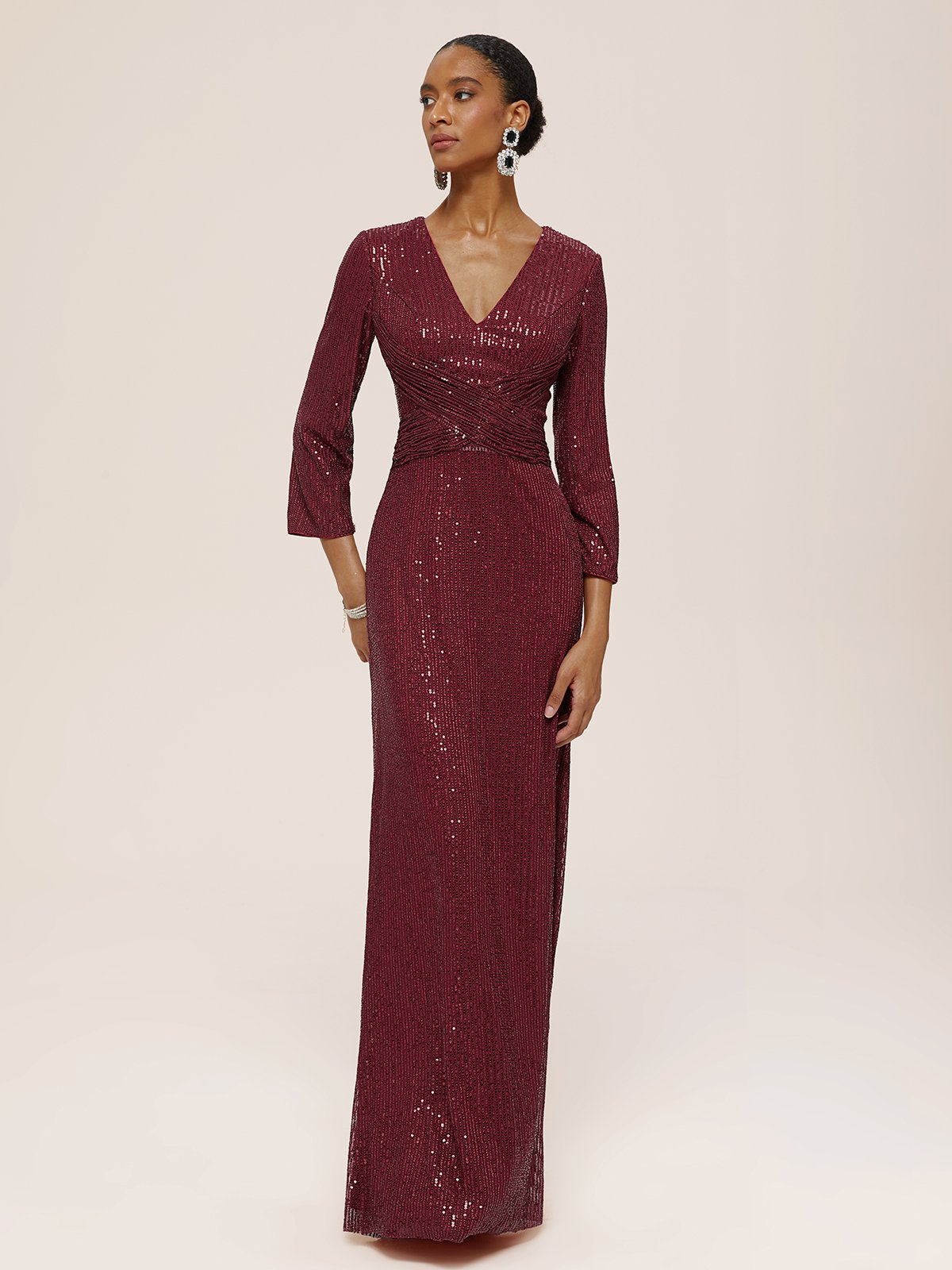 Red Ruched Sequin V Neck Three Quarter Sleeve Sheath Maxi Dress