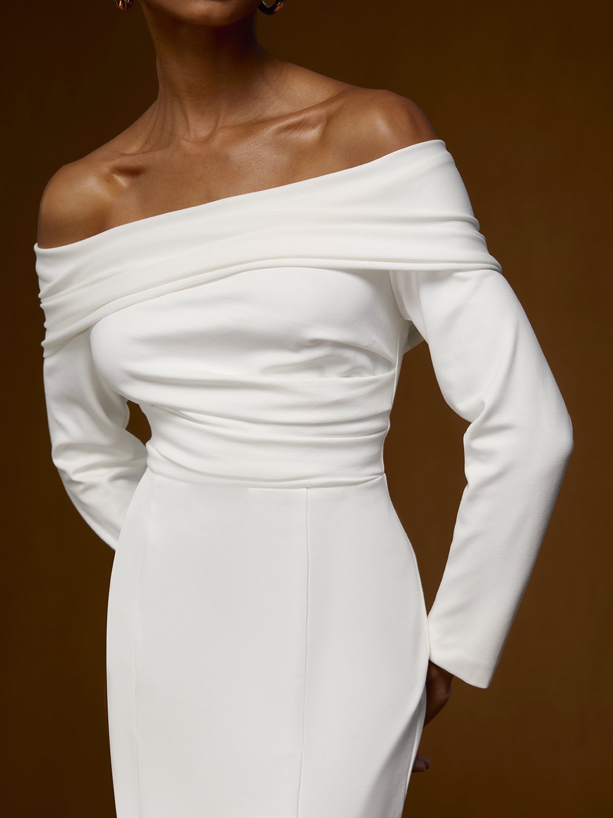 Apricot White Off The Shoulder Long Sleeve Sheath Midi Dress