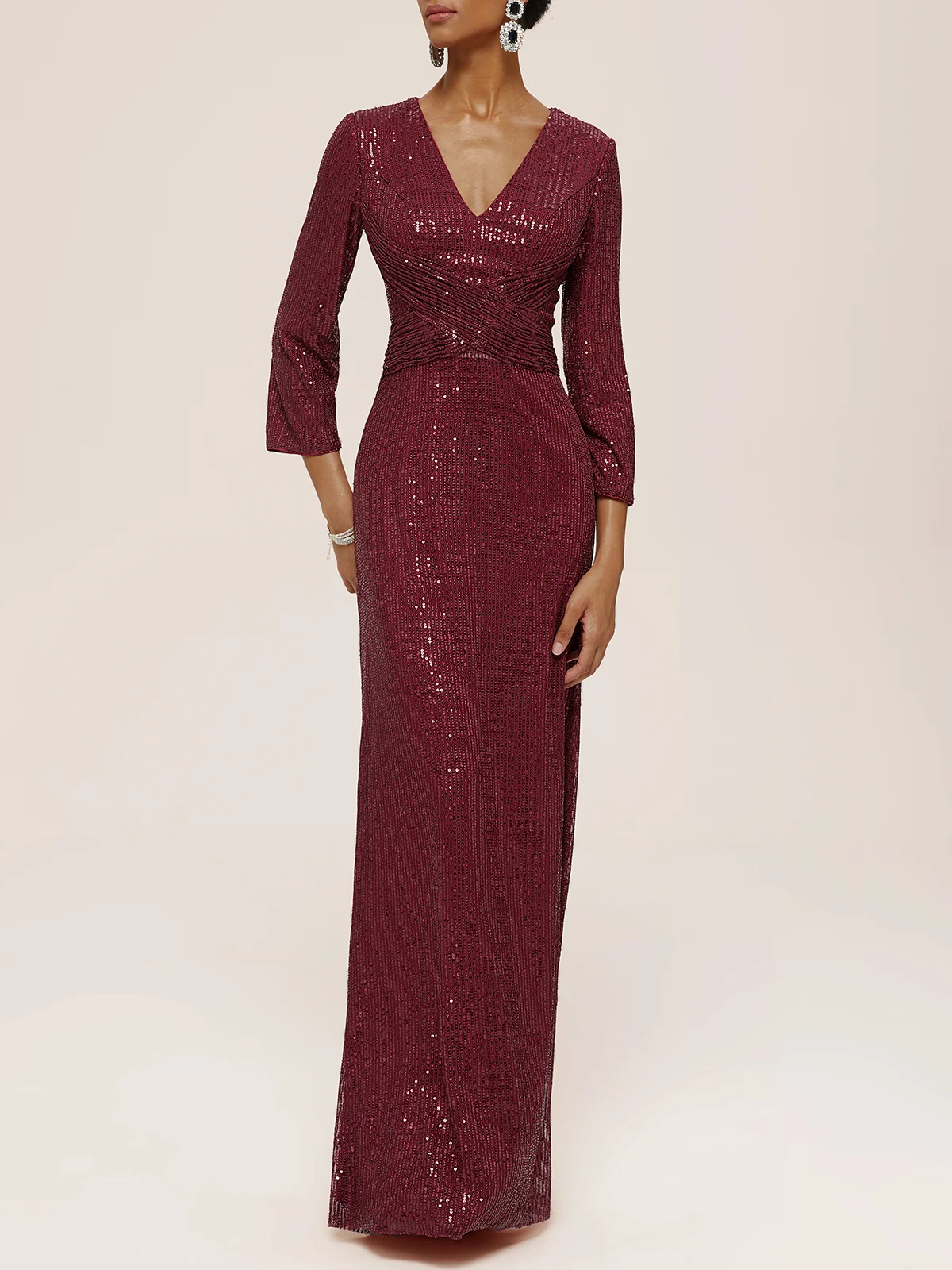 Red Ruched Sequin V Neck Three Quarter Sleeve Sheath Maxi Dress