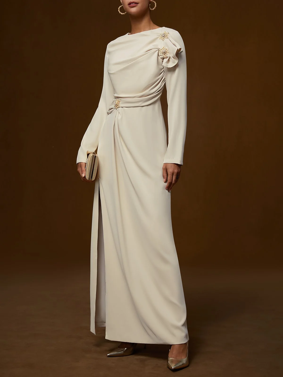 Apricot Ruched Long Sleeve Slit Shift Maxi Dress