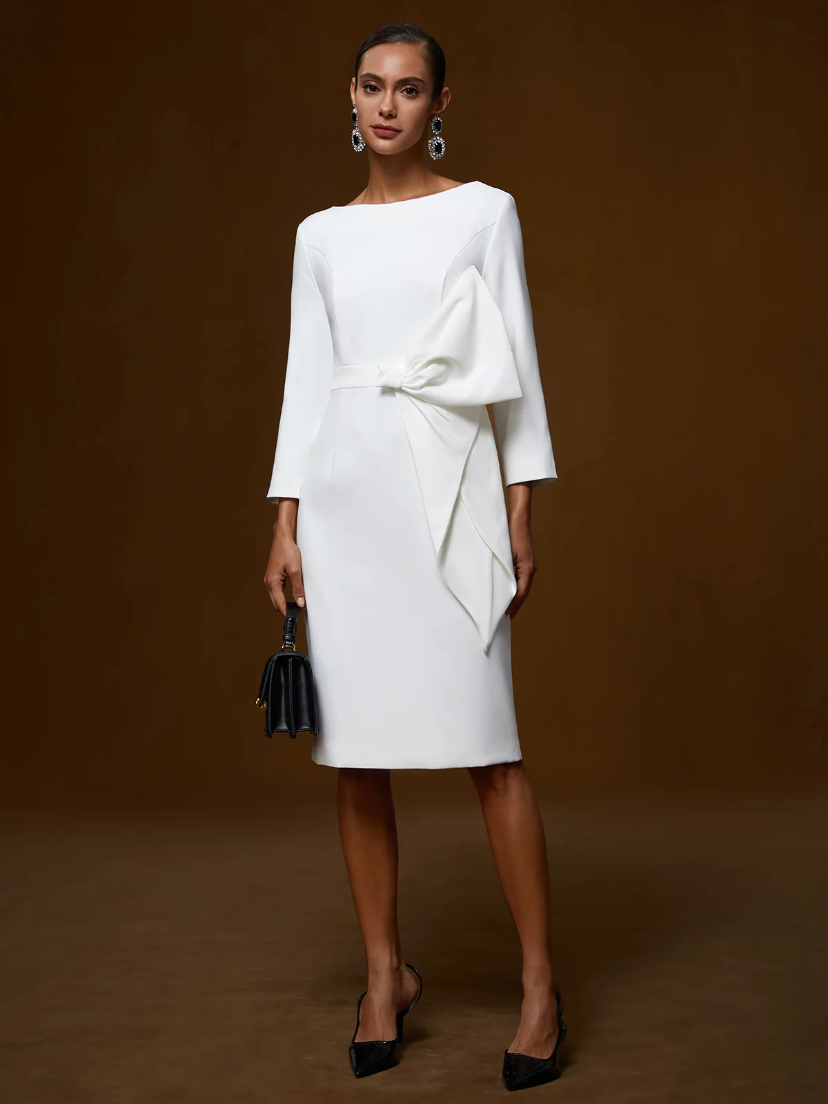 White Bow Classic Boat Neck Three Quarter Sleeve Shift Midi Dress