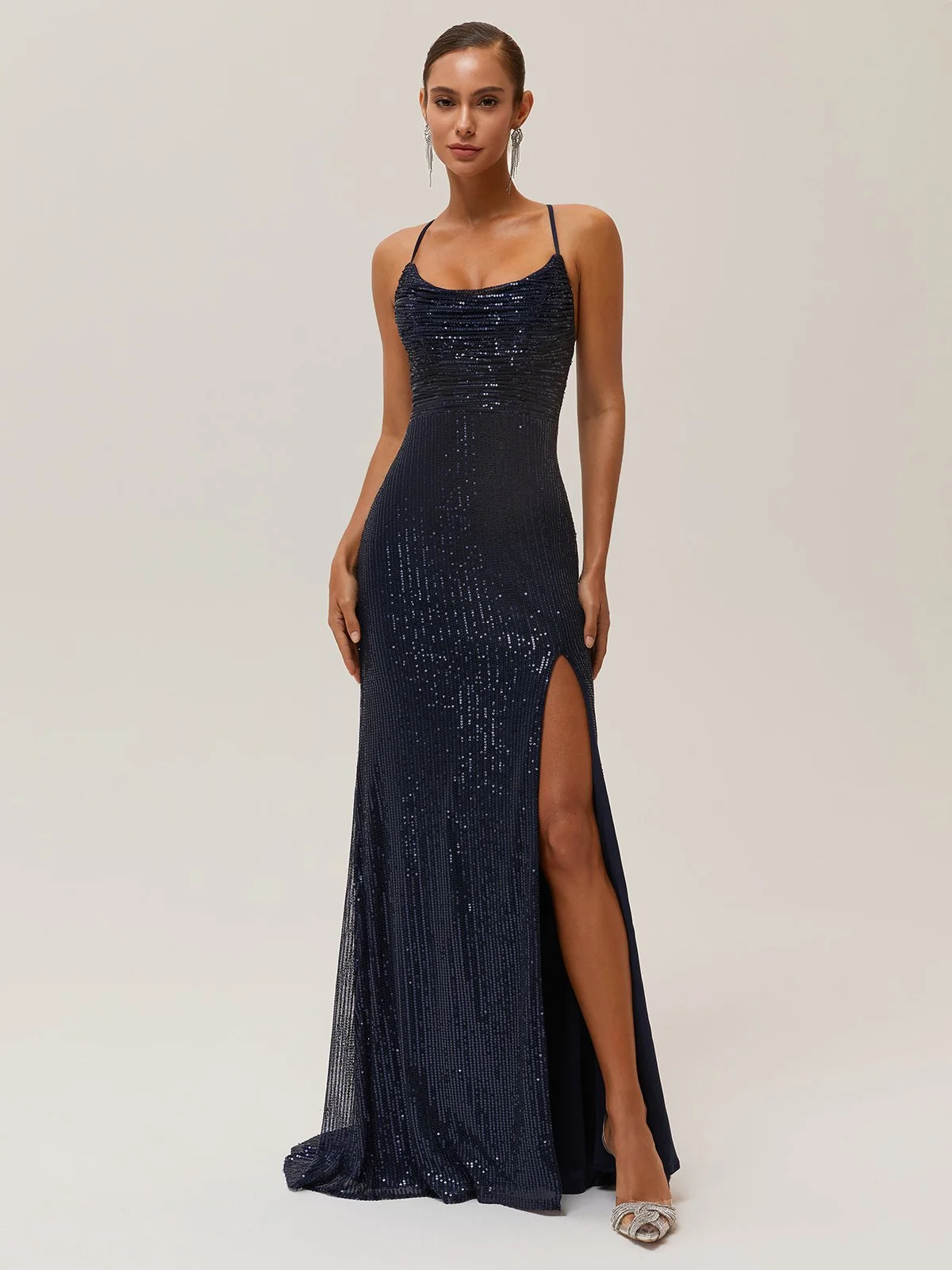 Navy Blue Ruched Slit Sequin Spaghetti Gallus Sheath Gown