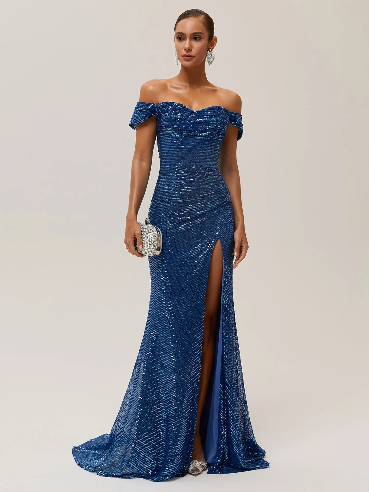 Blue Ruched Slit Sequin Off The Shoulder Short Sleeve Sheath Gown