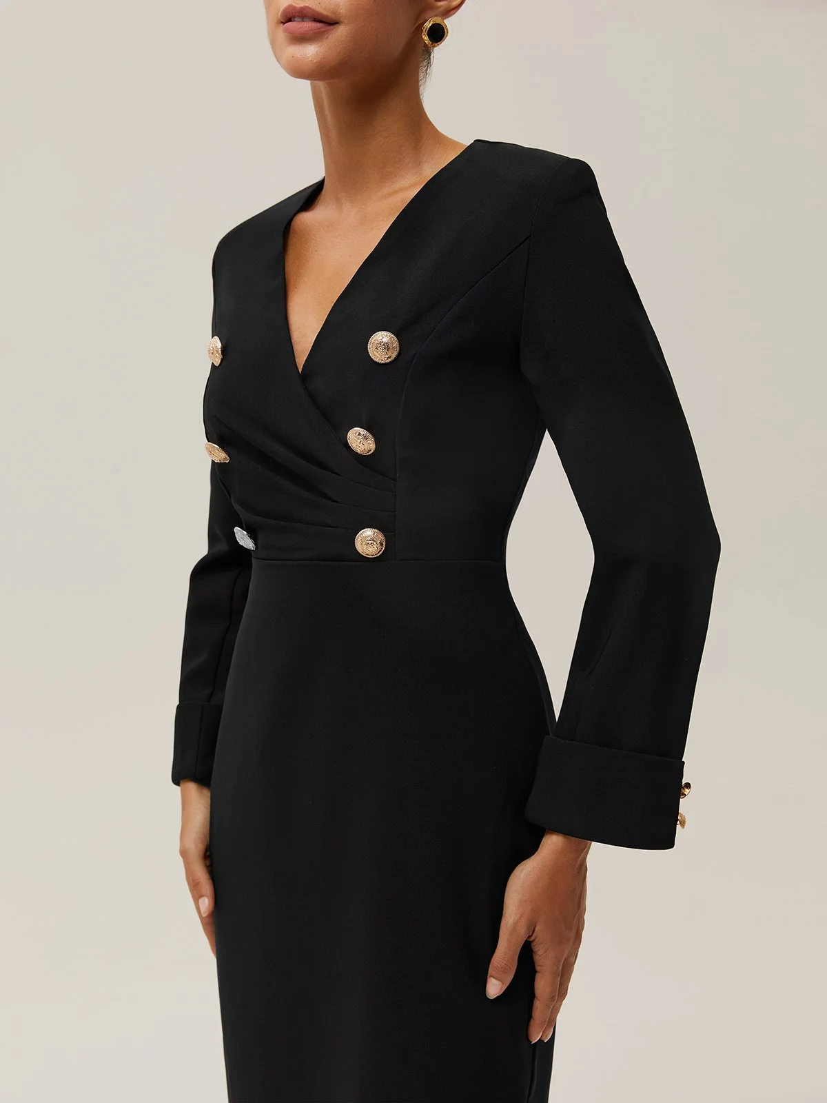 Black Buckle V Neck Long Sleeve Sheath Blazer Midi Dress