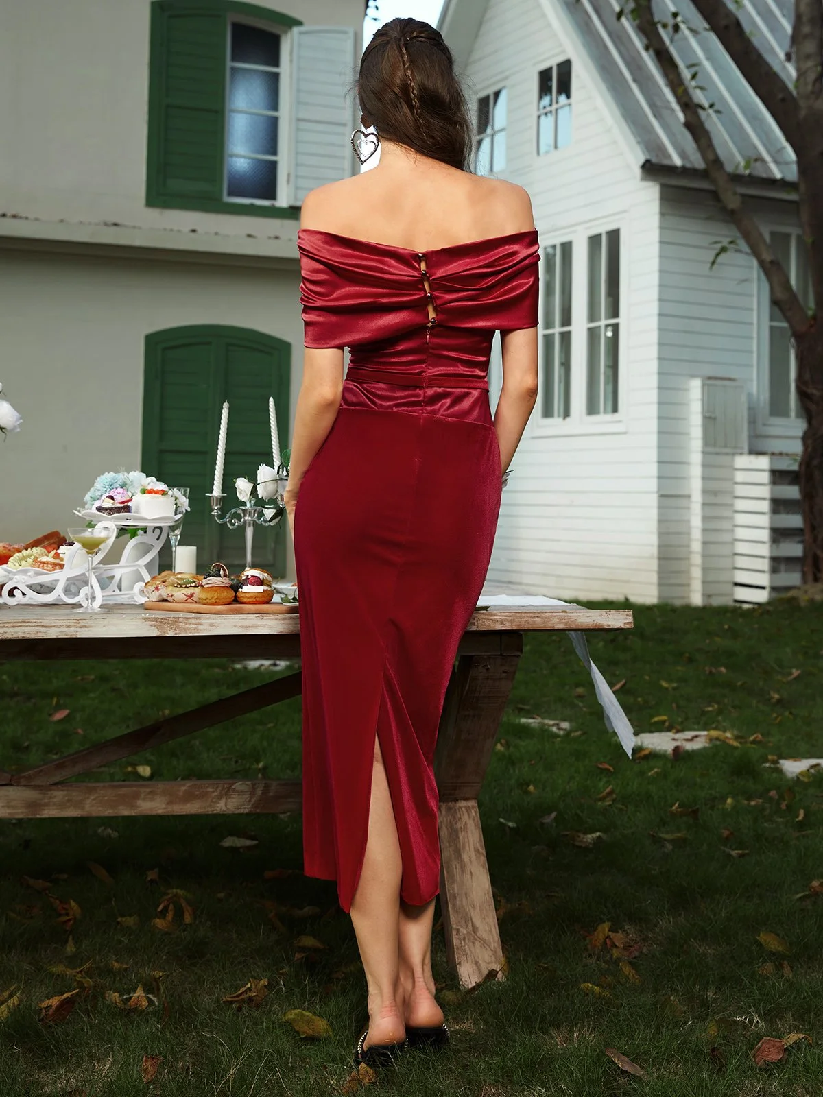 Wine Red Off The Shoulder Velvet Sheath Maxi Dress