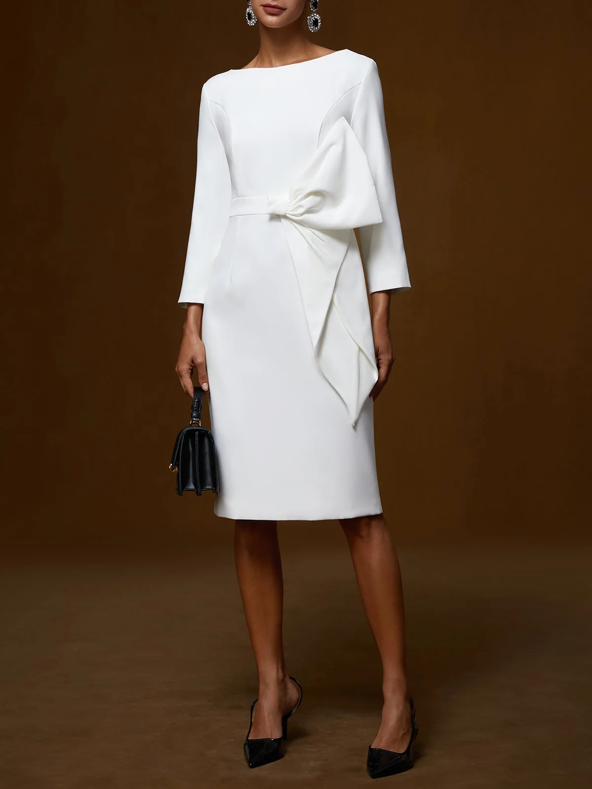 White Bow Classic Boat Neck Three Quarter Sleeve Shift Midi Dress