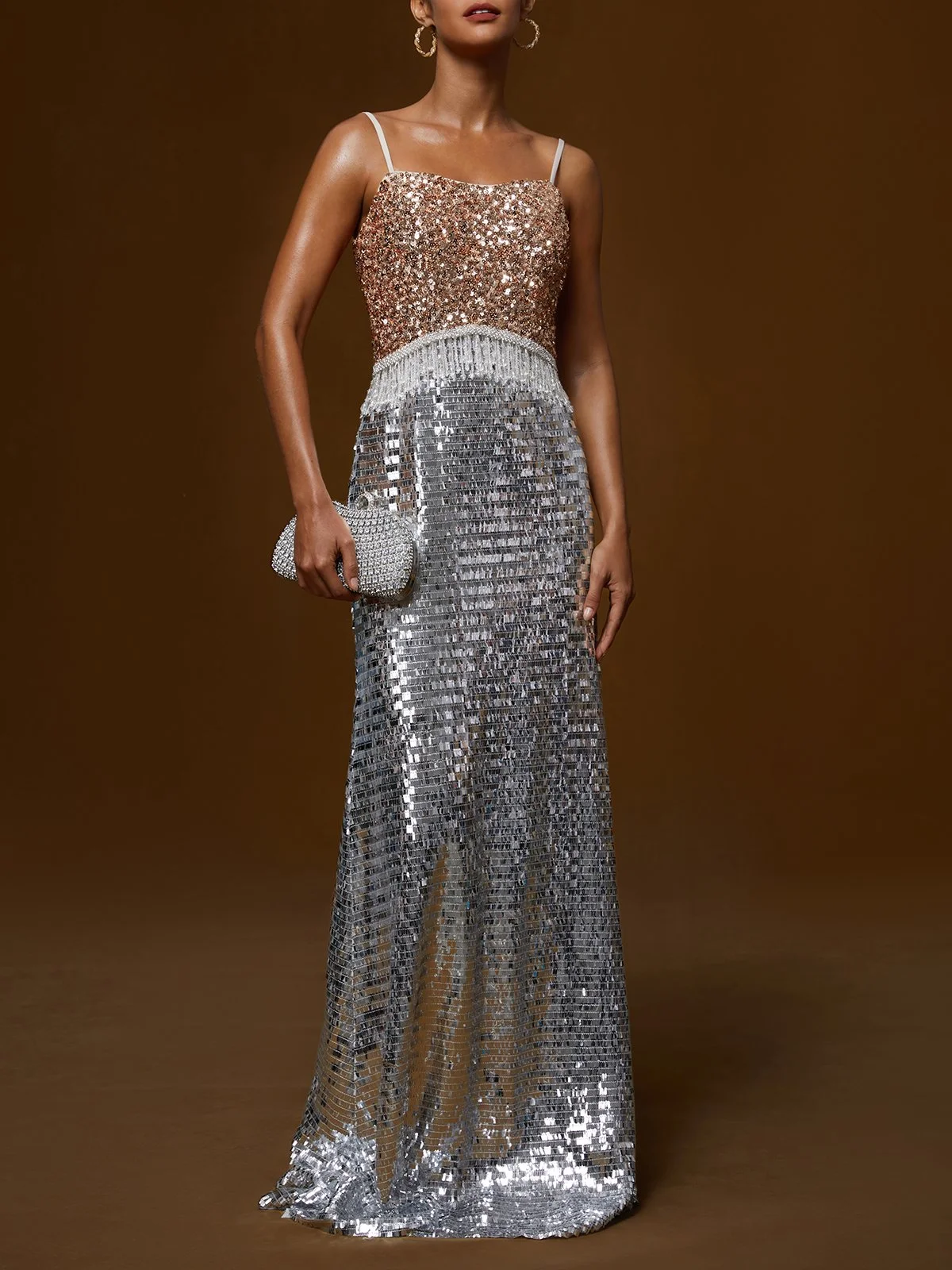 Silver Tassel Beaded Sequin Spaghetti Sleeveless A-Line Gown