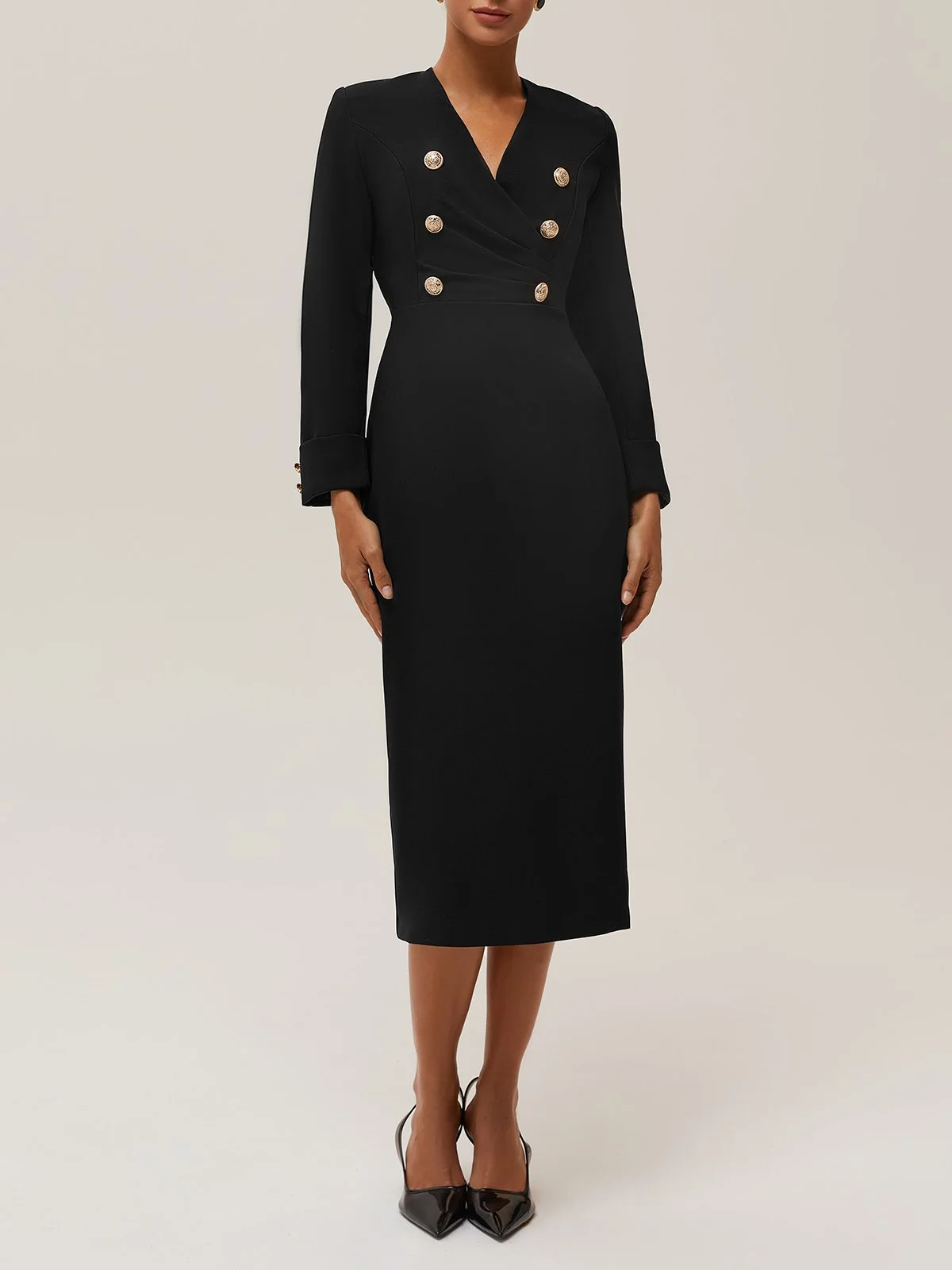 Black Buckle V Neck Long Sleeve Sheath Blazer Midi Dress