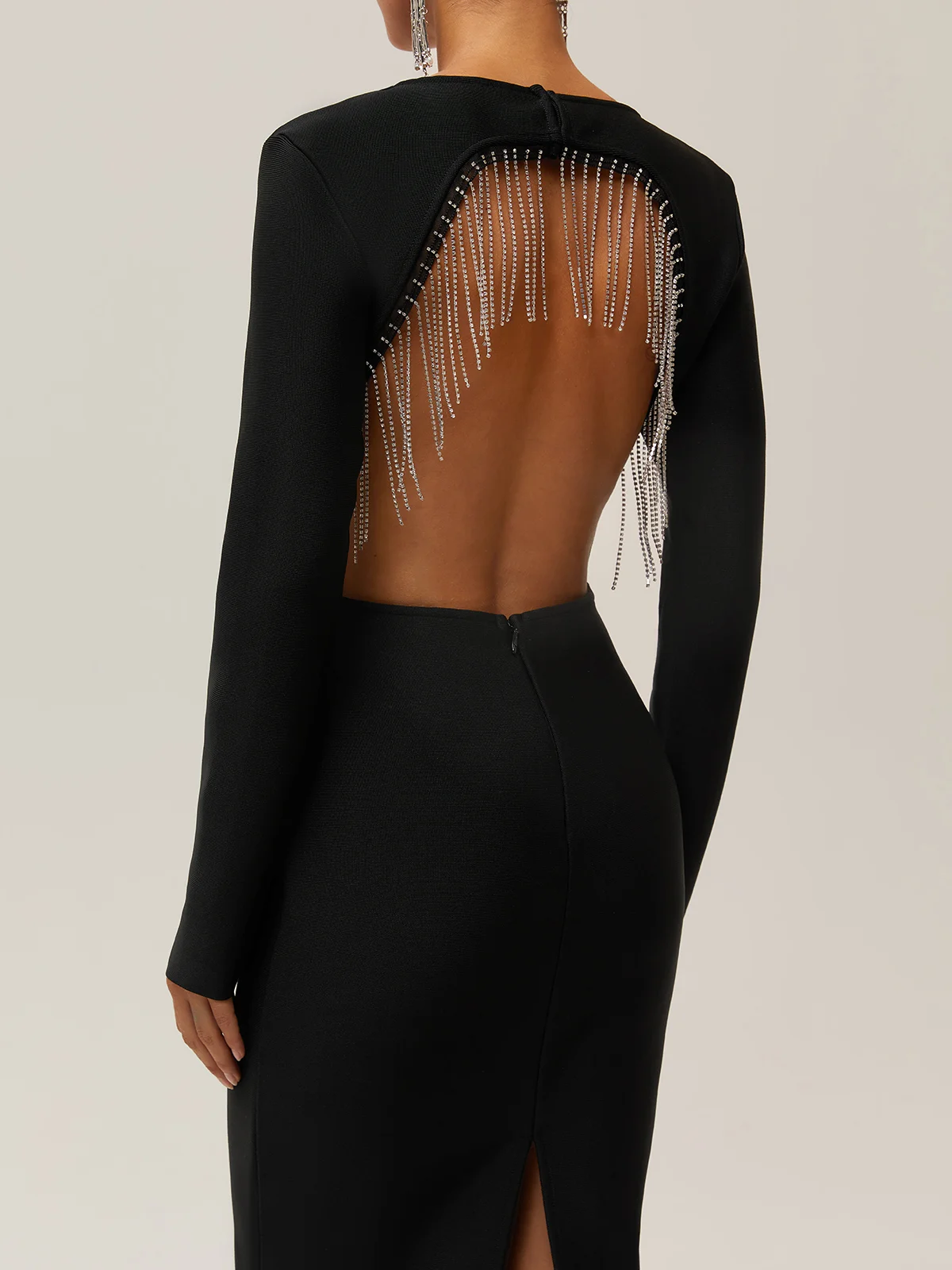 Black Fringed Beaded V Neck Long Sleeve Sheath Midi Dress