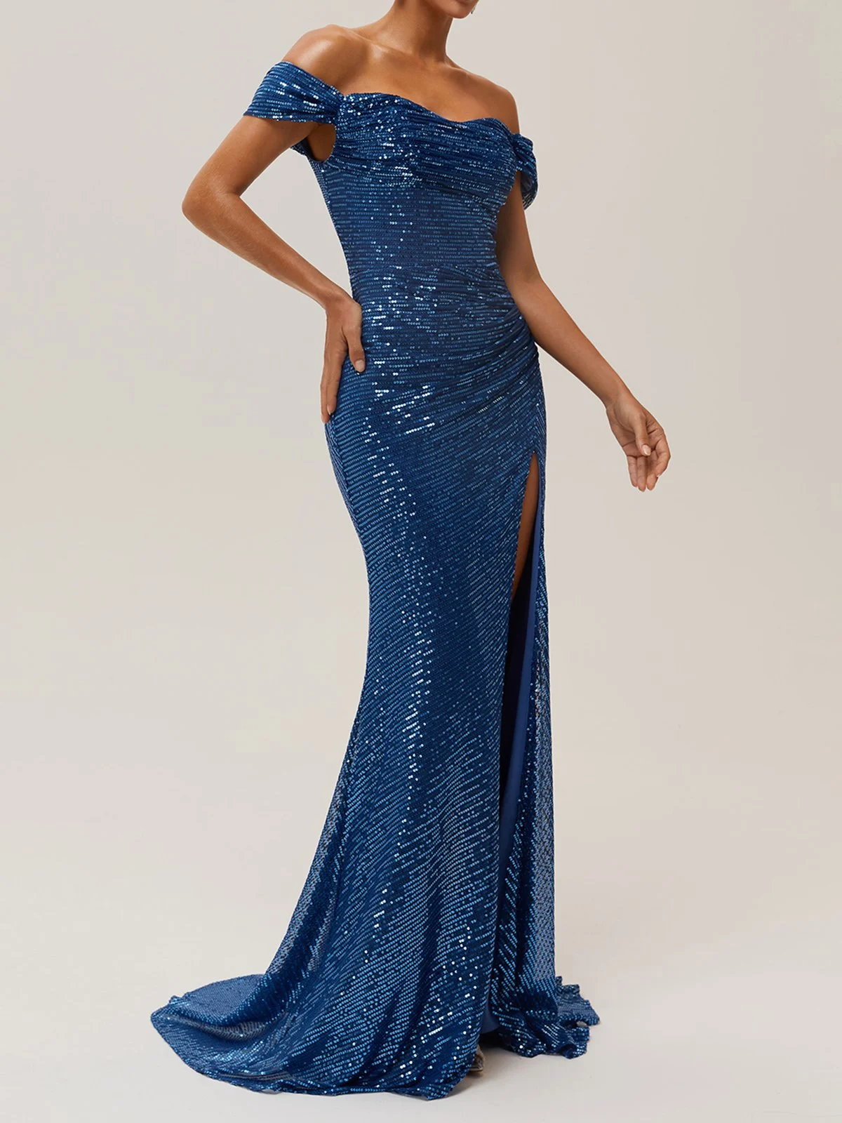 Blue Ruched Slit Sequin Off The Shoulder Short Sleeve Sheath Gown