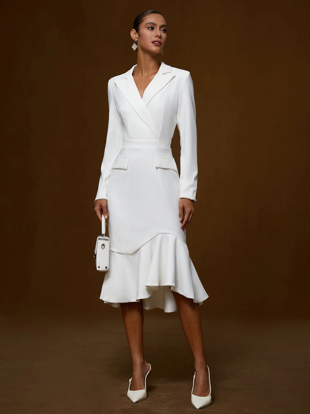 White Irregular Craftsmanship Ruffled Blazer Shawl Collar Long Sleeve Mermaid Midi Dress