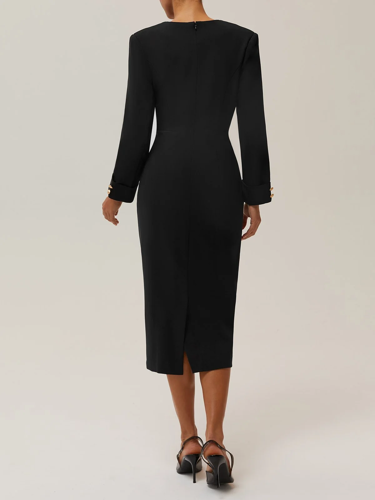 Black Buckle V Neck Long Sleeve Sheath Blazer Midi Dress