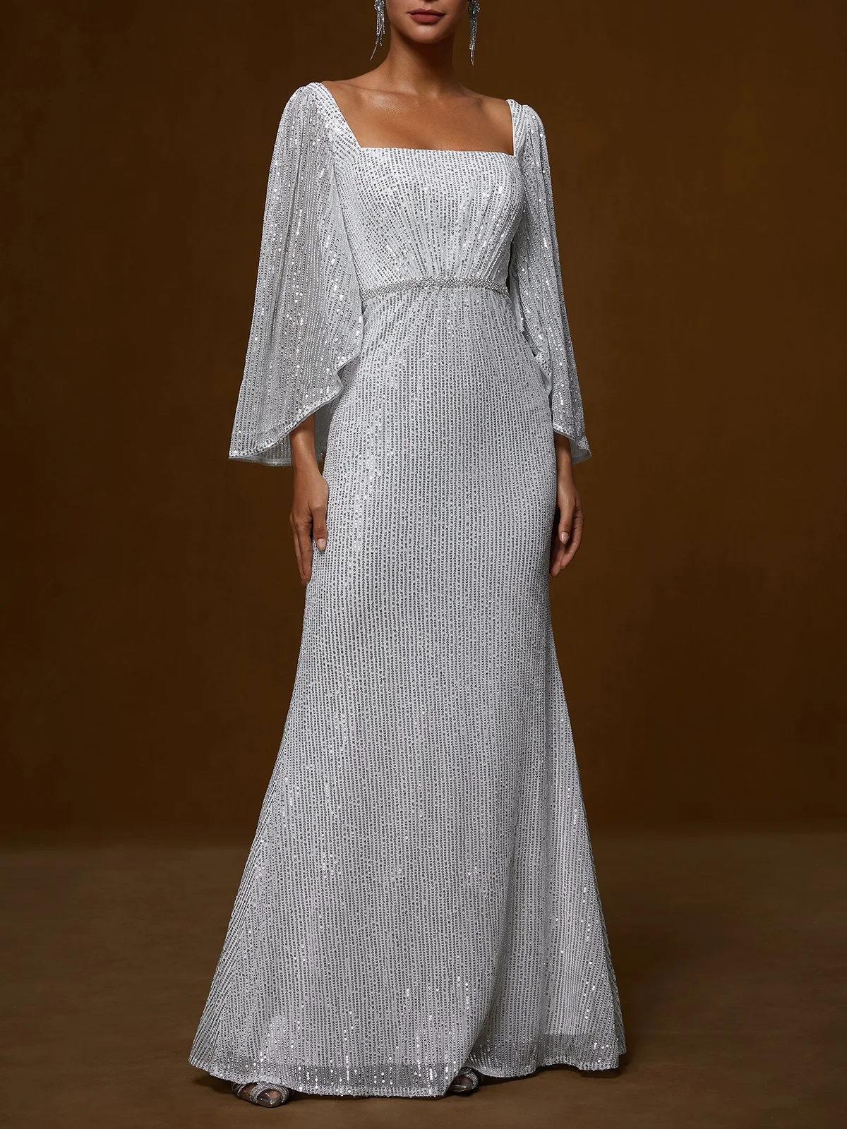 Silver Glitter Sequin Square Neck Three Quarter Sleeve Shift Gown