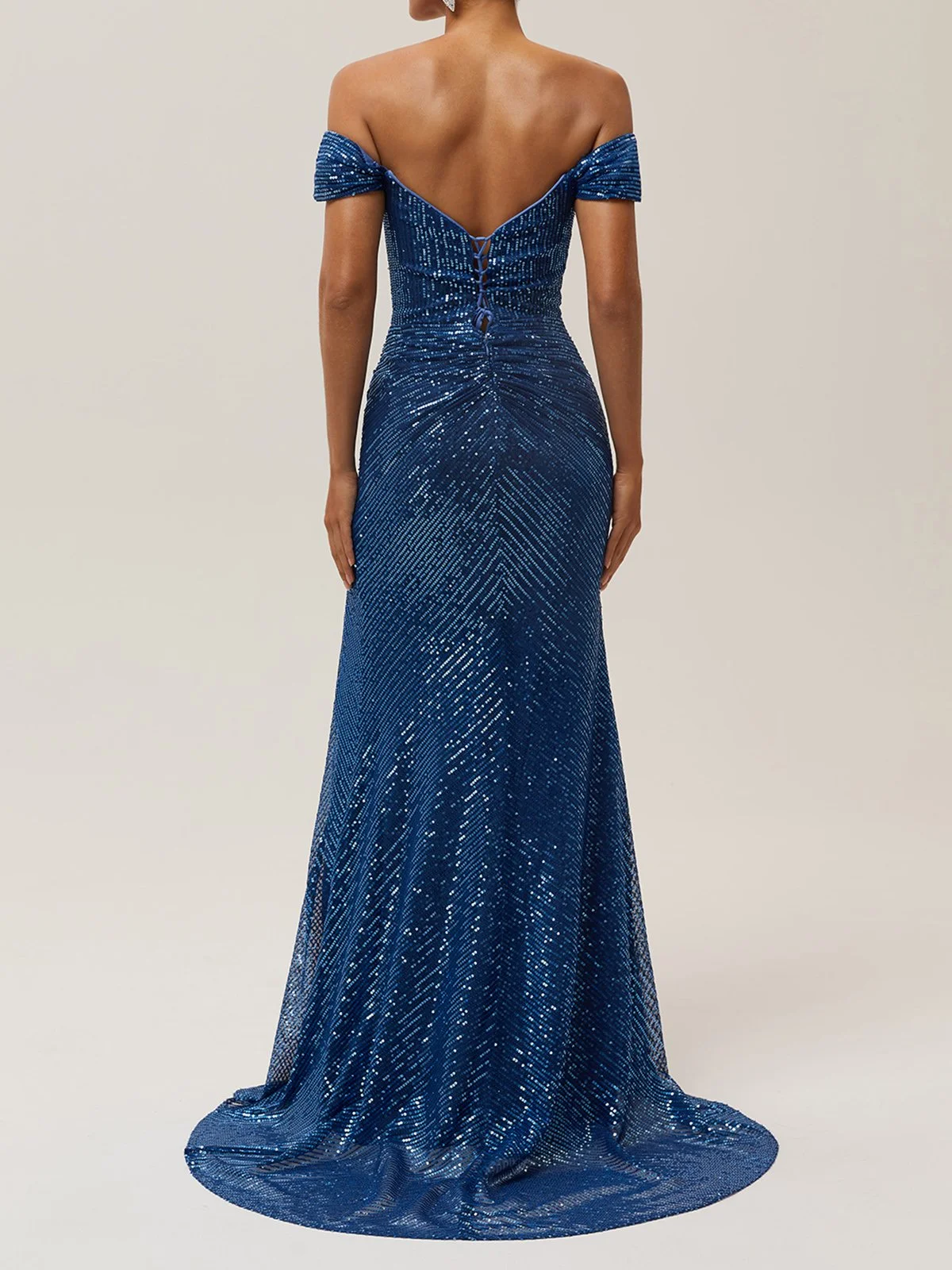 Blue Ruched Slit Sequin Off The Shoulder Short Sleeve Sheath Gown