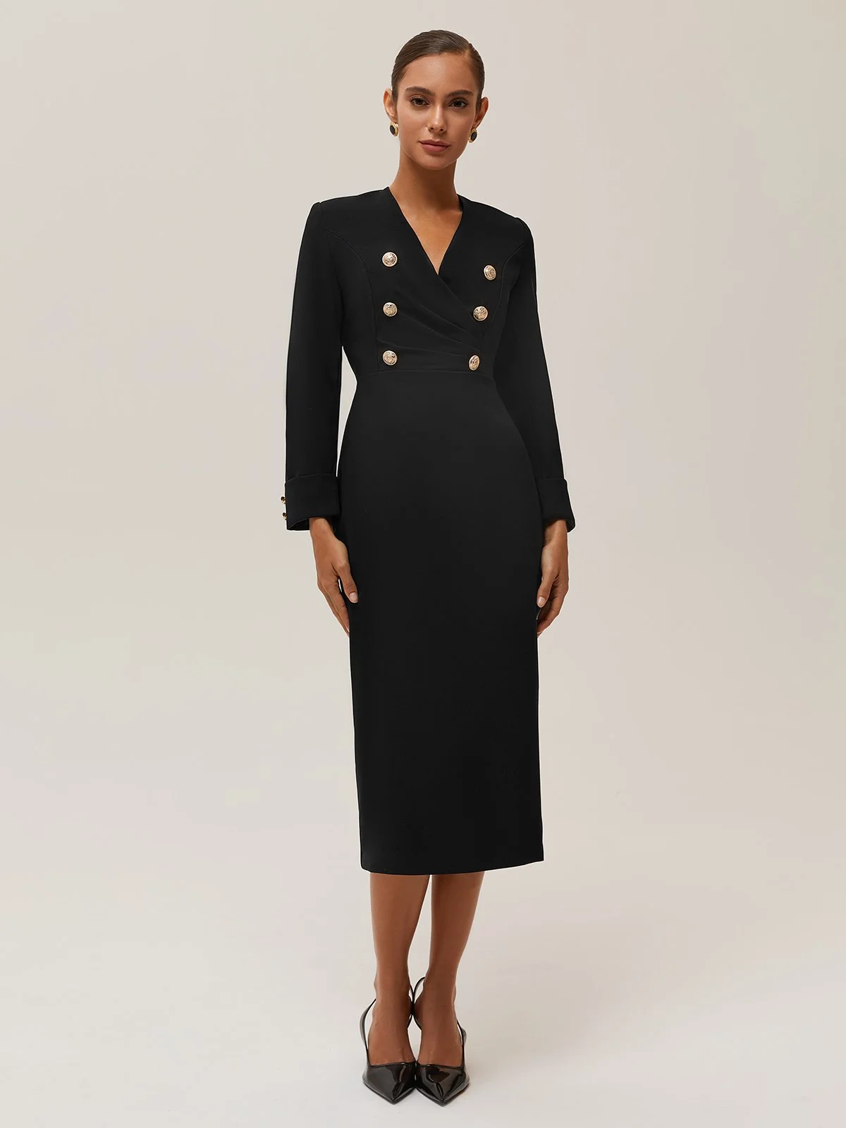 Black Buckle V Neck Long Sleeve Sheath Blazer Midi Dress